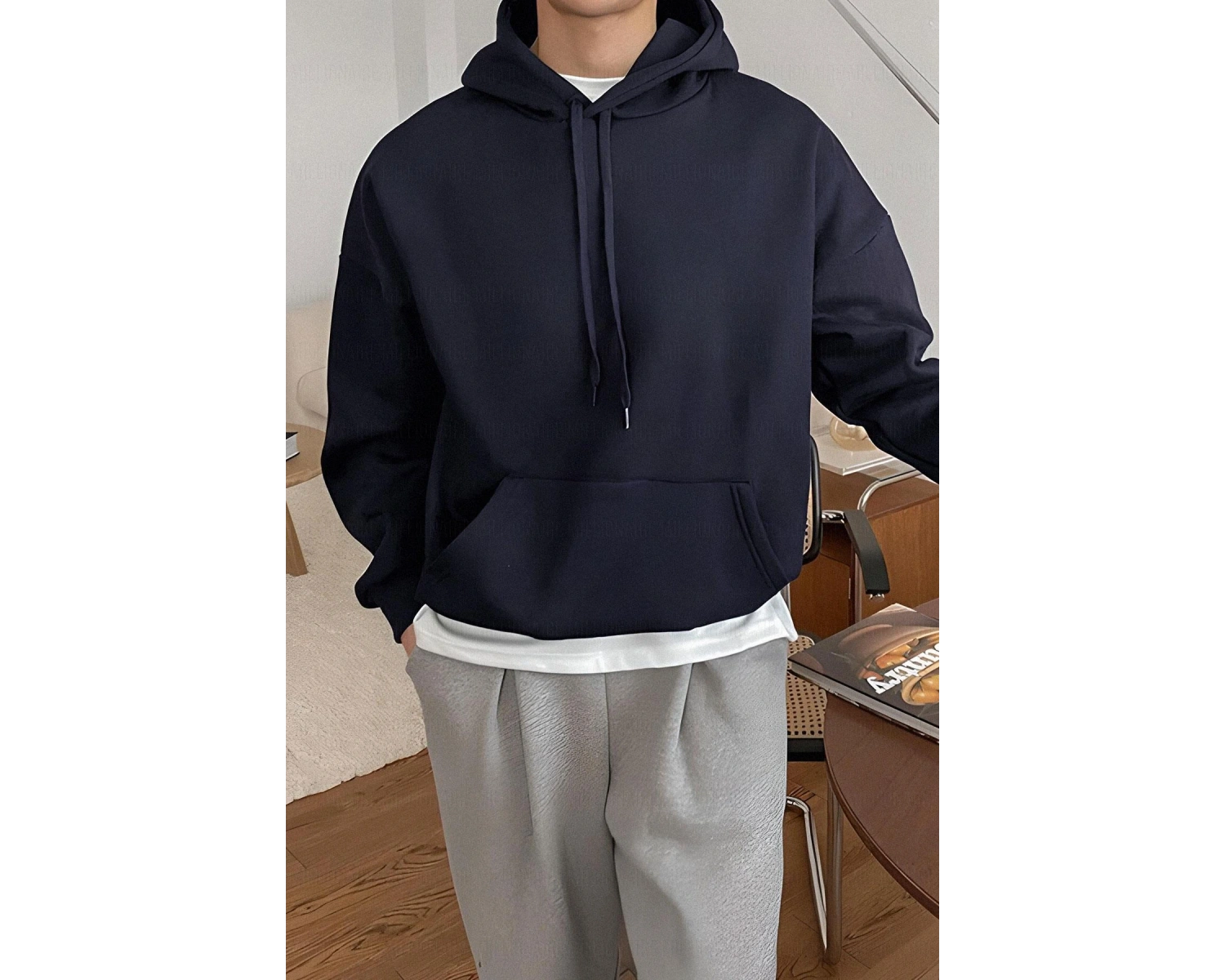 Erkek Lacivert Düz Kapüşonlu Oversize 3 iplik Şardonlu Salaş Bol Kesim Hoodie Swe Lacivert