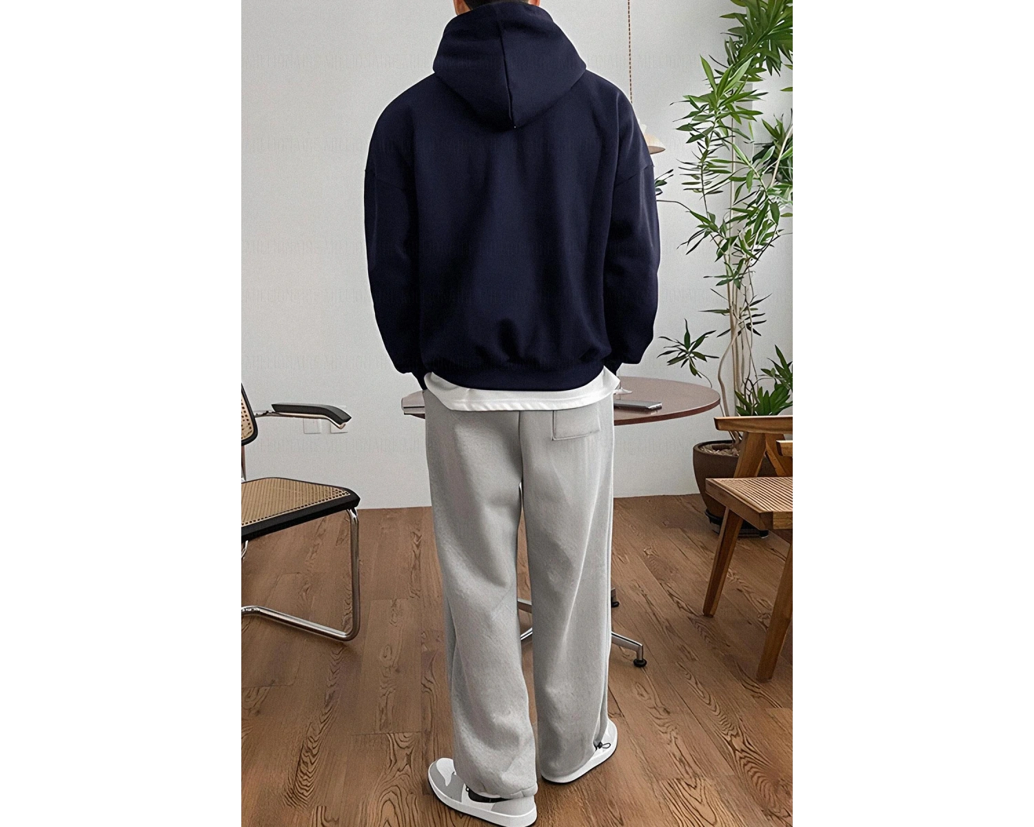 Erkek Lacivert Düz Kapüşonlu Oversize 3 iplik Şardonlu Salaş Bol Kesim Hoodie Swe Lacivert