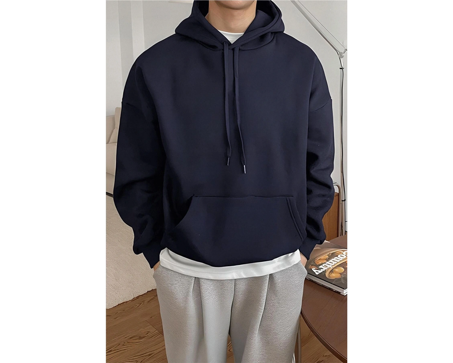 Erkek Lacivert Düz Kapüşonlu Oversize 3 iplik Şardonlu Salaş Bol Kesim Hoodie Swe Lacivert
