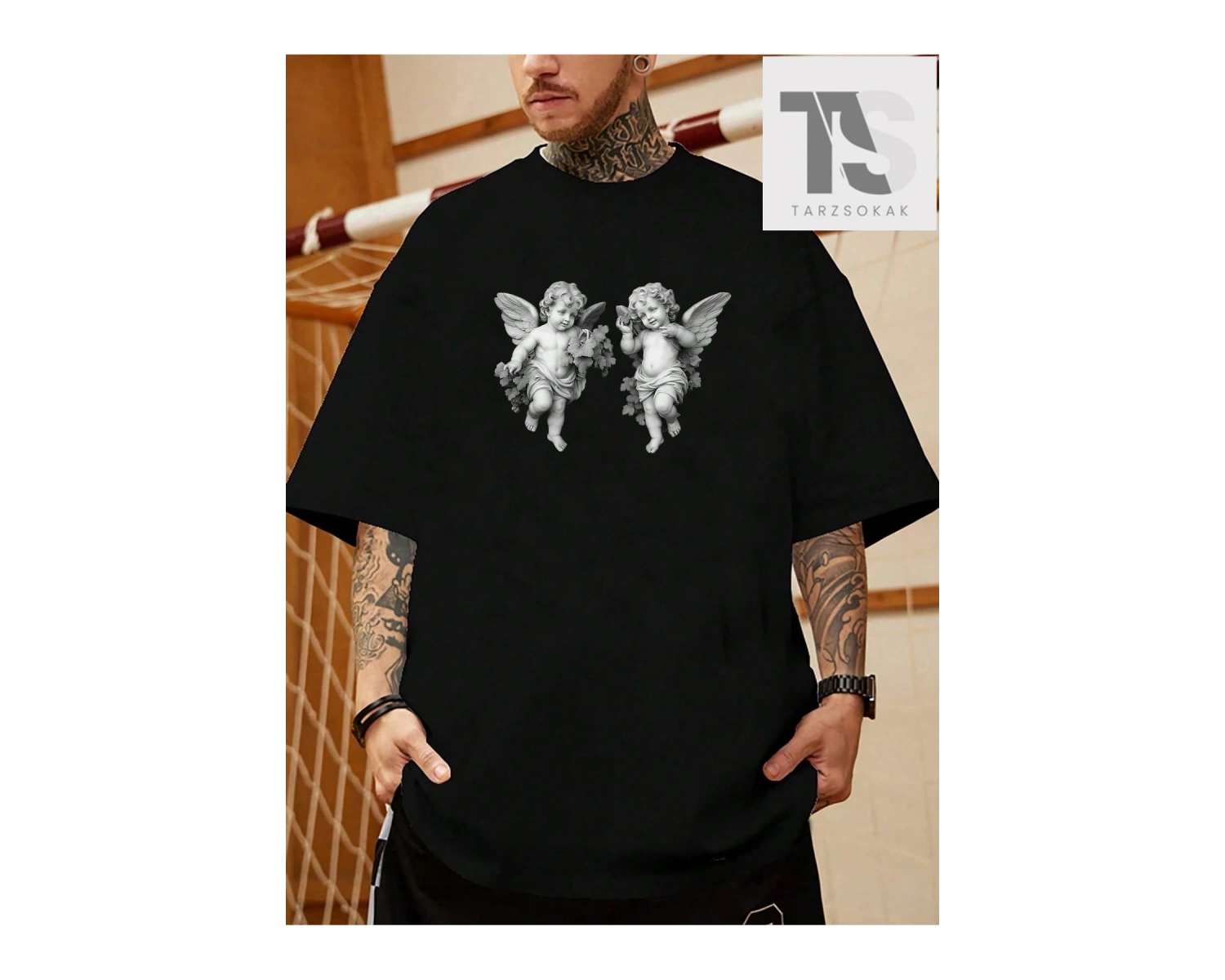Erkek Melek Baskılı Damla Omuz Tişört