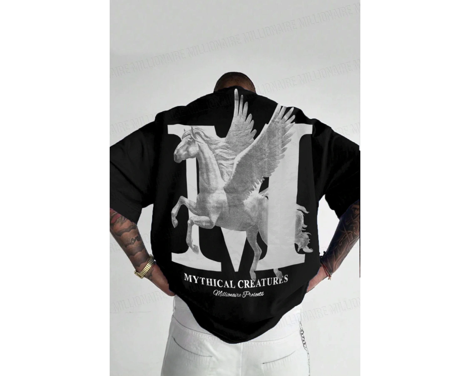 Erkek Mythical Pegasus Baskılı Beyaz Bisiklet Yaka Oversize Salaş