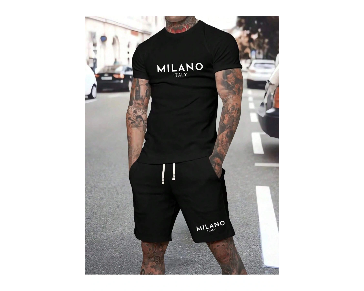 Erkek Rahat Yaz Takımı - Kısa Kollu Harf ve Grafik Baskı No Tişört Ve Şort Takımı