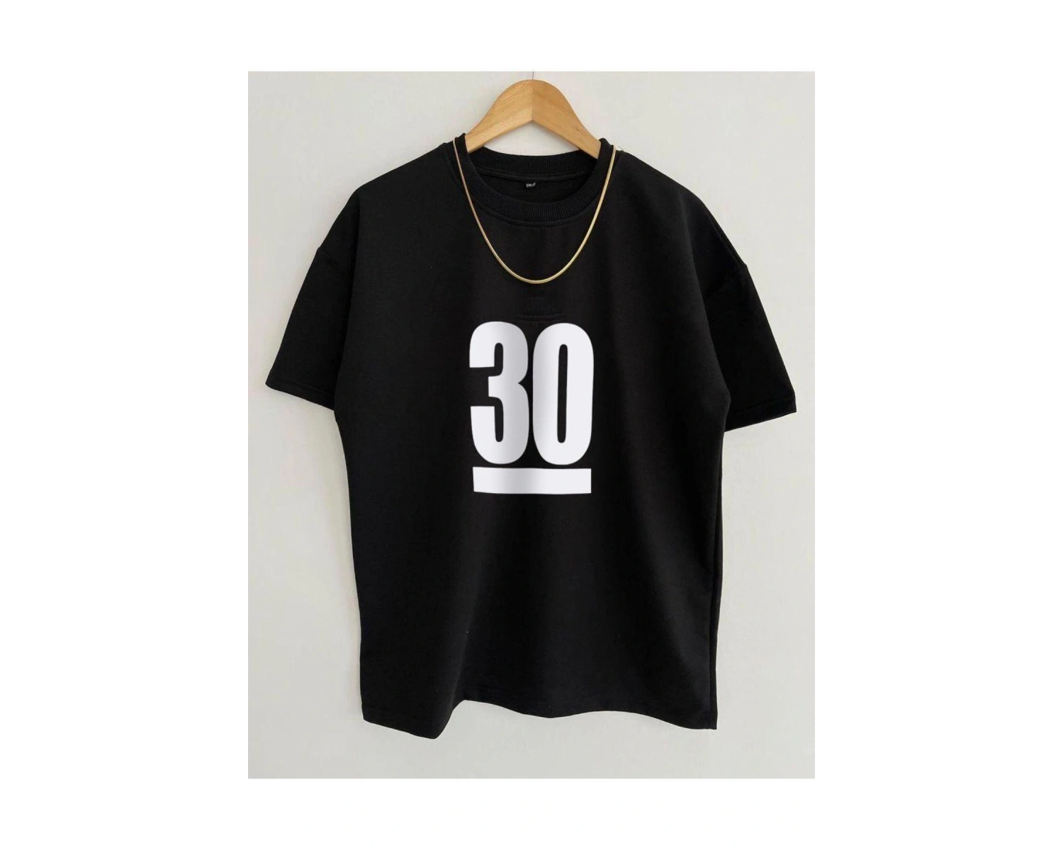 Erkek Siyah 30 Baskılı Oversize Bisiklet Yaka Kısa Kollu T-shirt