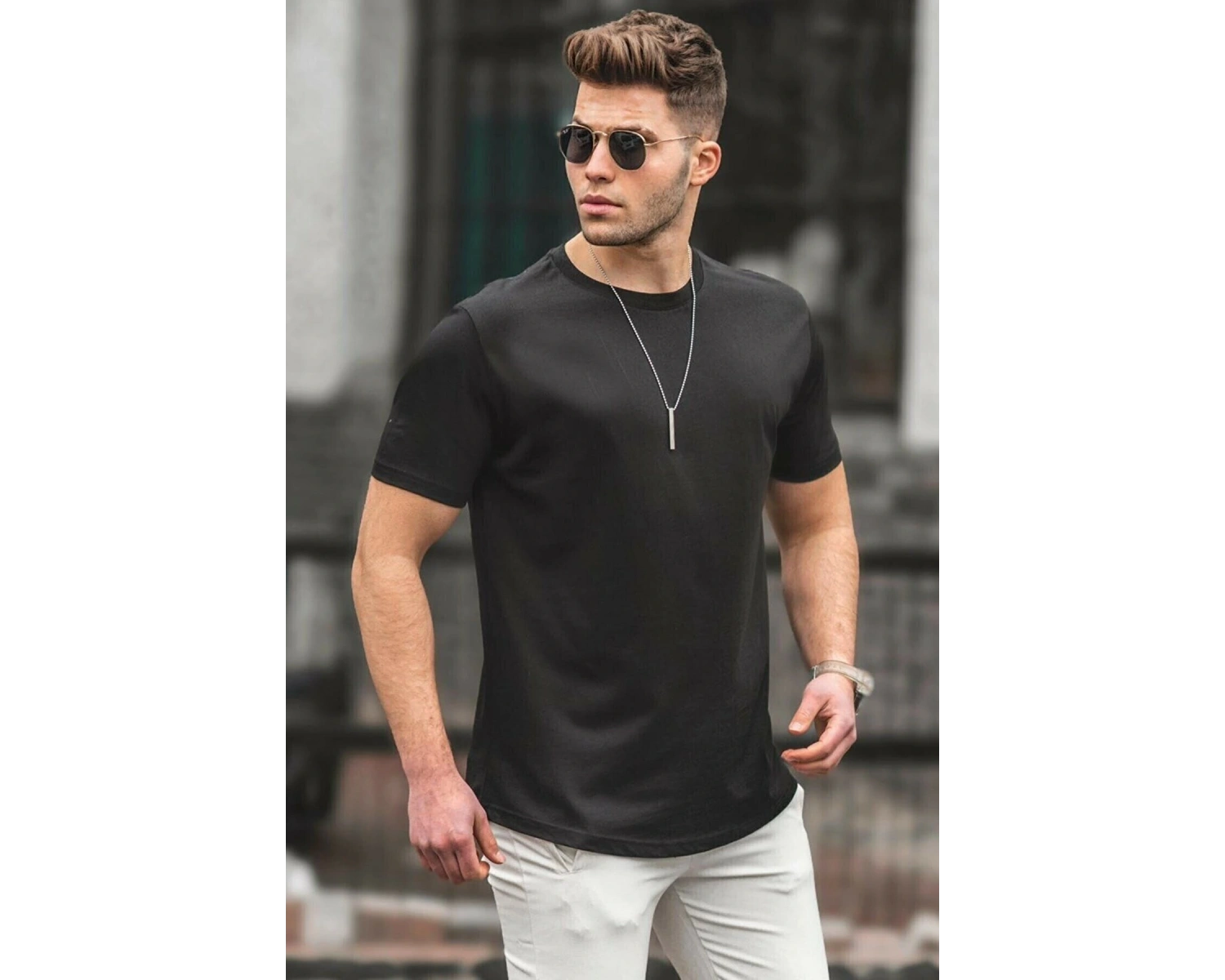 Erkek Siyah Basic Licralı Slimfit T-shirt