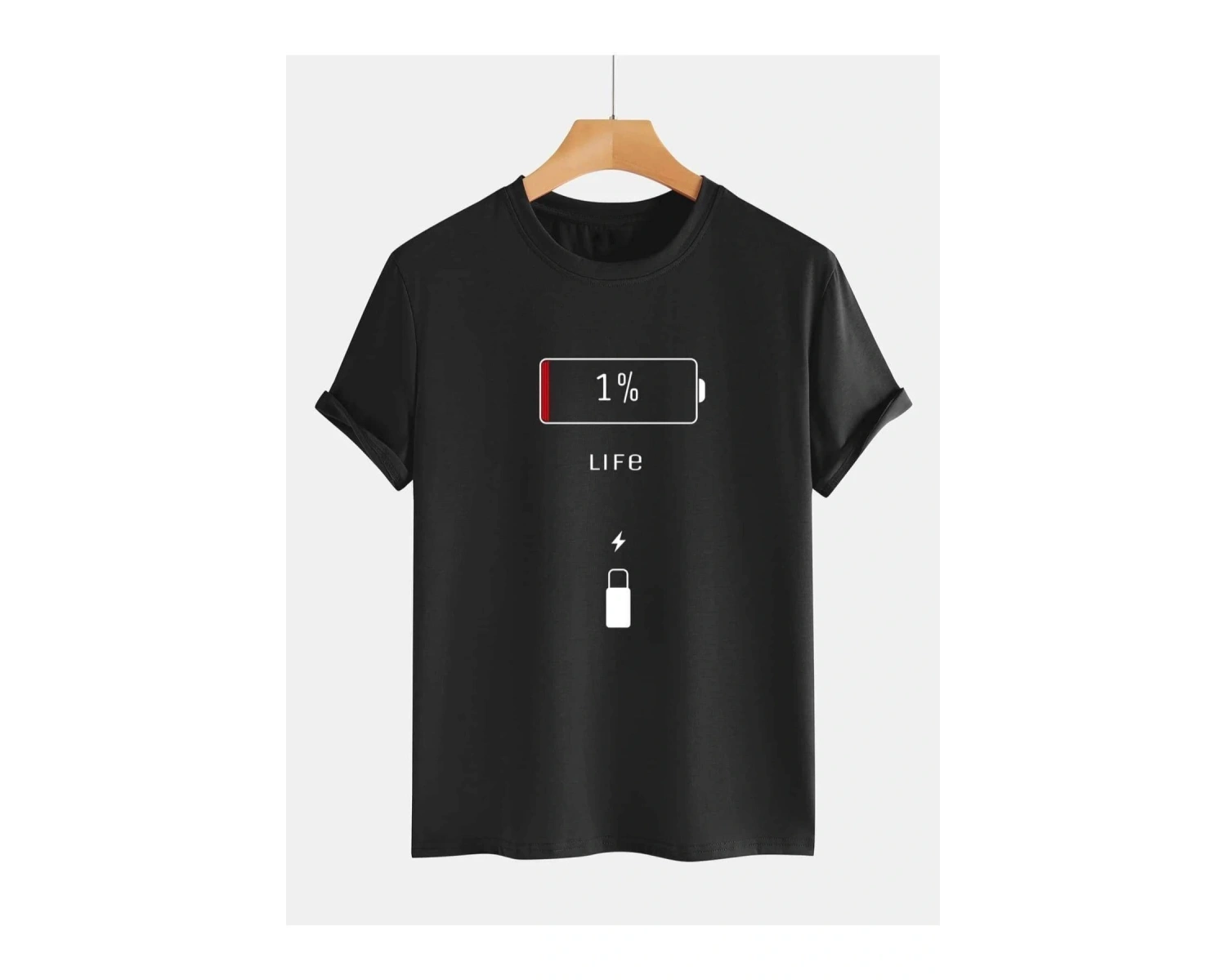 Erkek Siyah Batarya Baskılı Bisiklet Yaka Tişört
