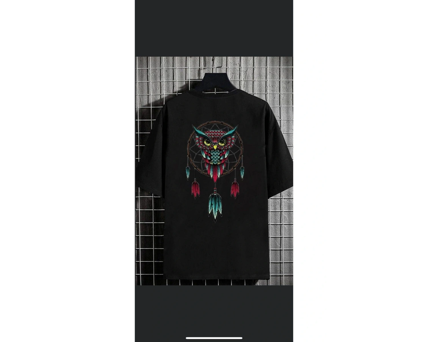 Erkek Siyah Baykuş Oversize Bisiklet Yaka Tshirt