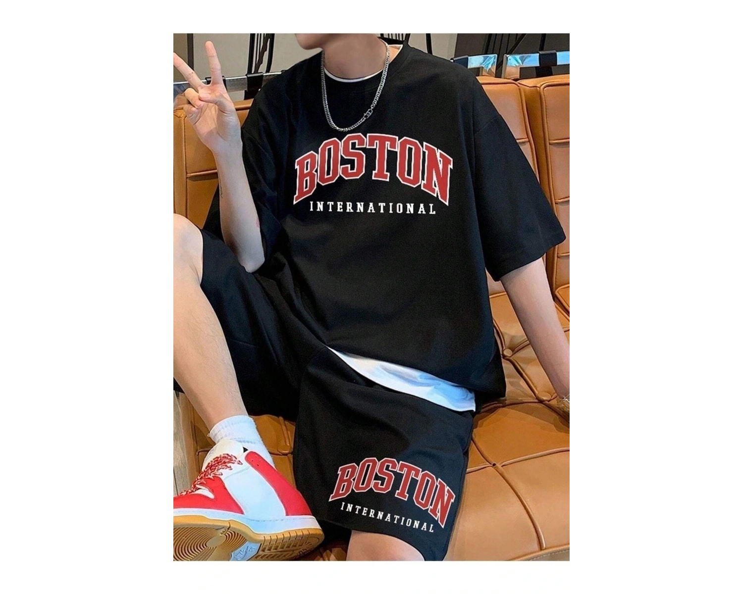 Erkek Siyah Boston International Baskılı Oversize Şortlu Takım Tw-bstontakims