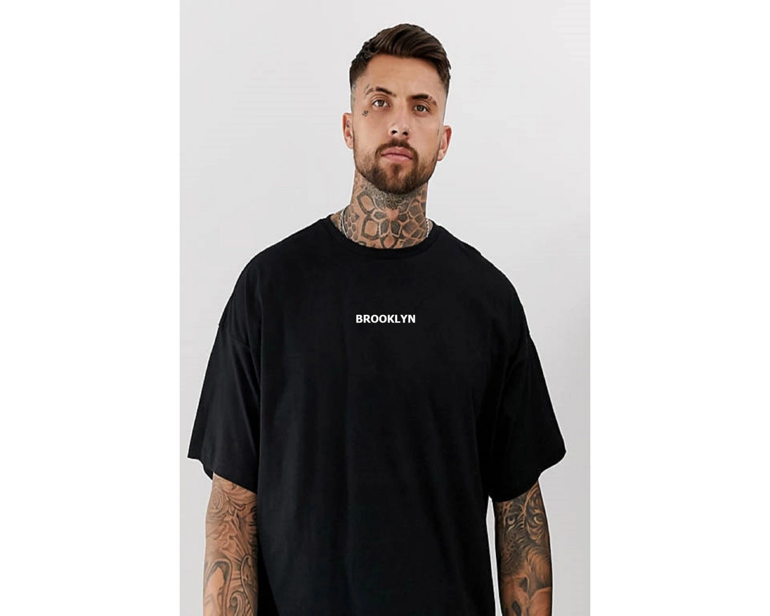 Erkek Siyah Brooklyn Baskılı Oversize Bisiklet Yaka Tişört