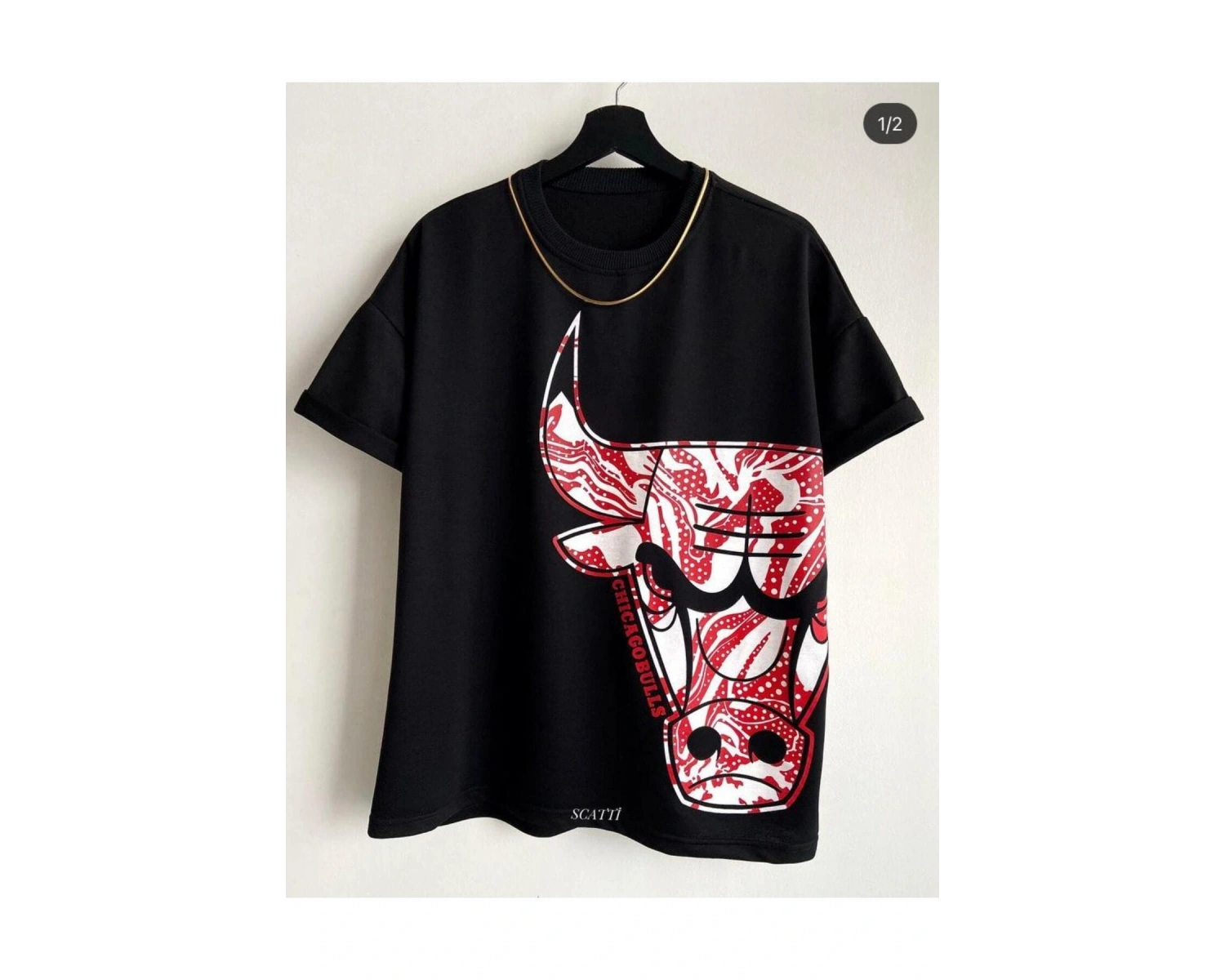 Erkek Siyah Büyük Logo Bulls Baskılı Oversize Bisiklet Yaka Tişört