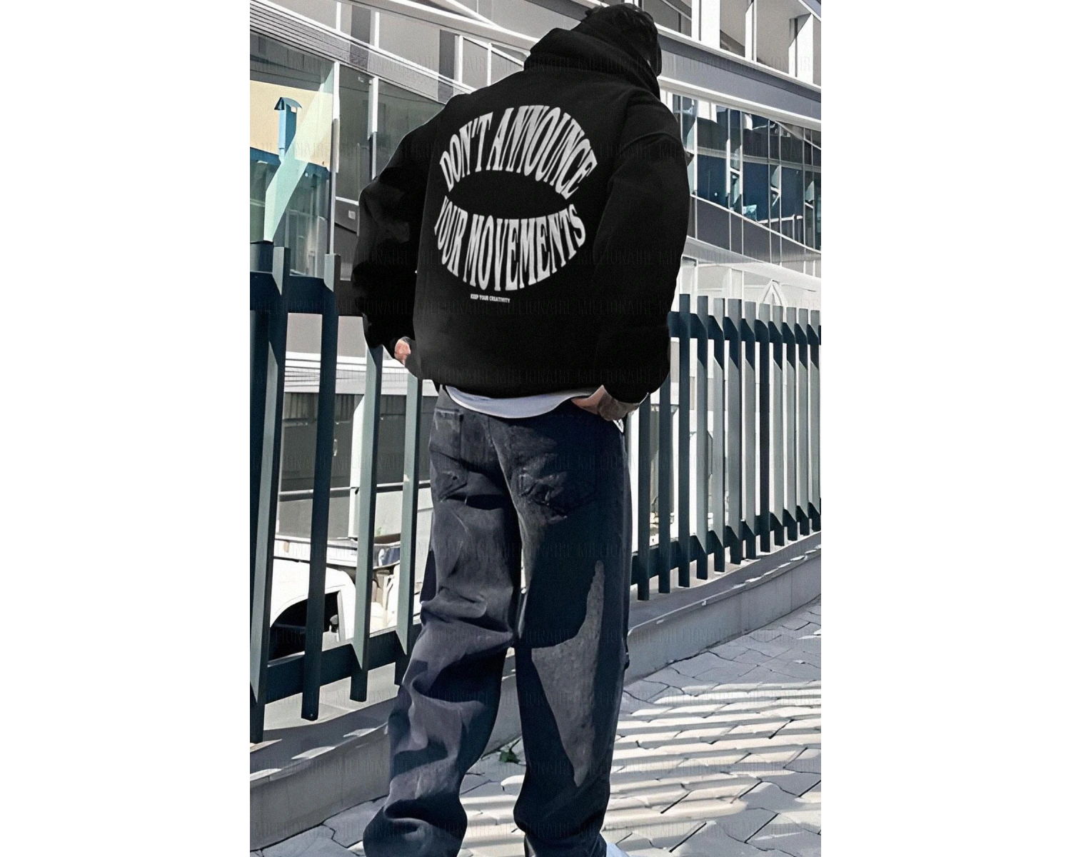 Erkek Siyah Dont Announce Kapüşonlu Oversize 3 iplik Şardonlu Salaş Bol Kesim Hoo