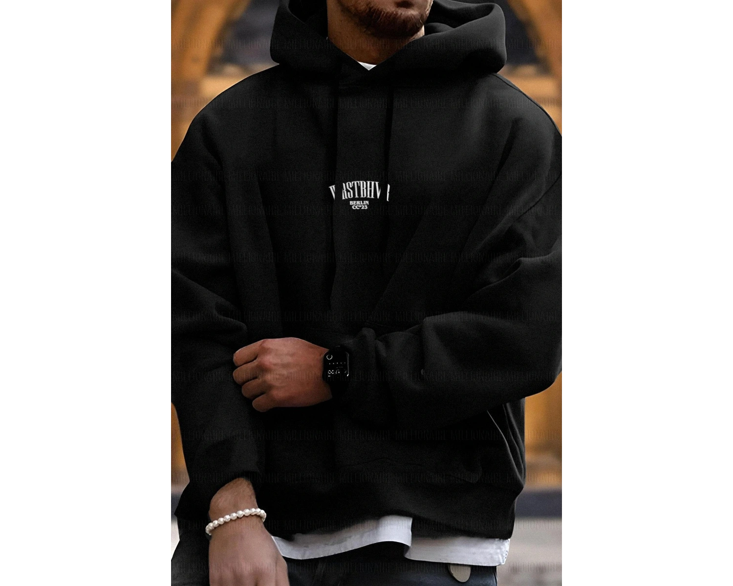 Erkek Siyah Dont Announce Kapüşonlu Oversize 3 iplik Şardonlu Salaş Bol Kesim Hoo