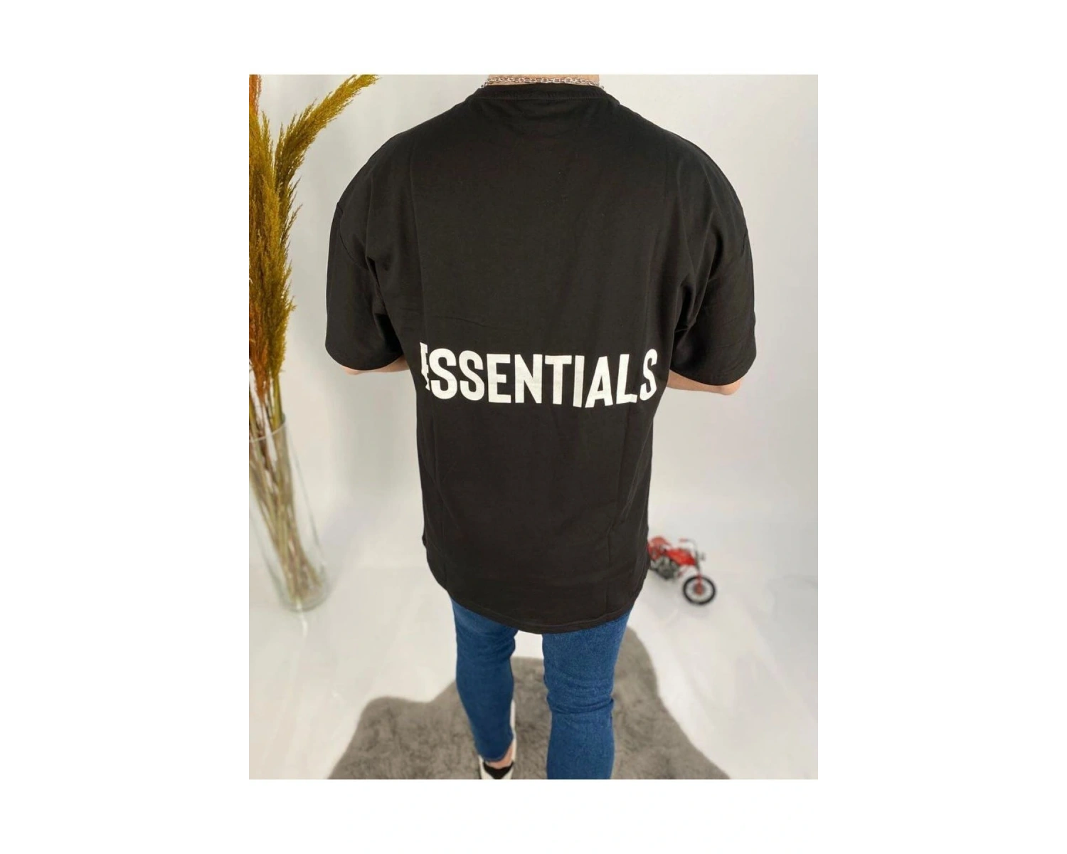 Erkek Siyah Essentials Baskılı Oversize Bisiklet Yaka T-shirt