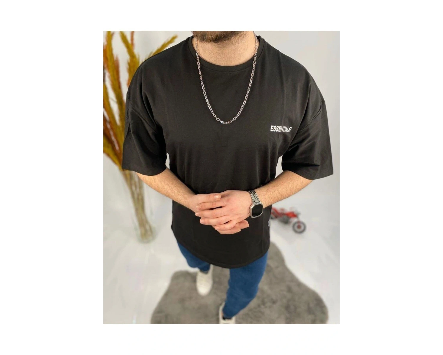 Erkek Siyah Essentials Baskılı Oversize Bisiklet Yaka T-shirt