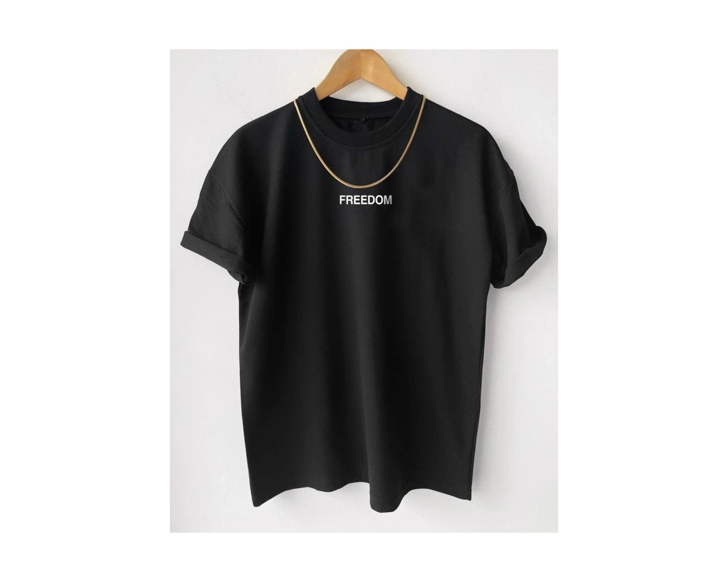 Erkek Siyah Freedom Baskılı Oversize Bisiklet Yaka Kısa Kollu T-shirt