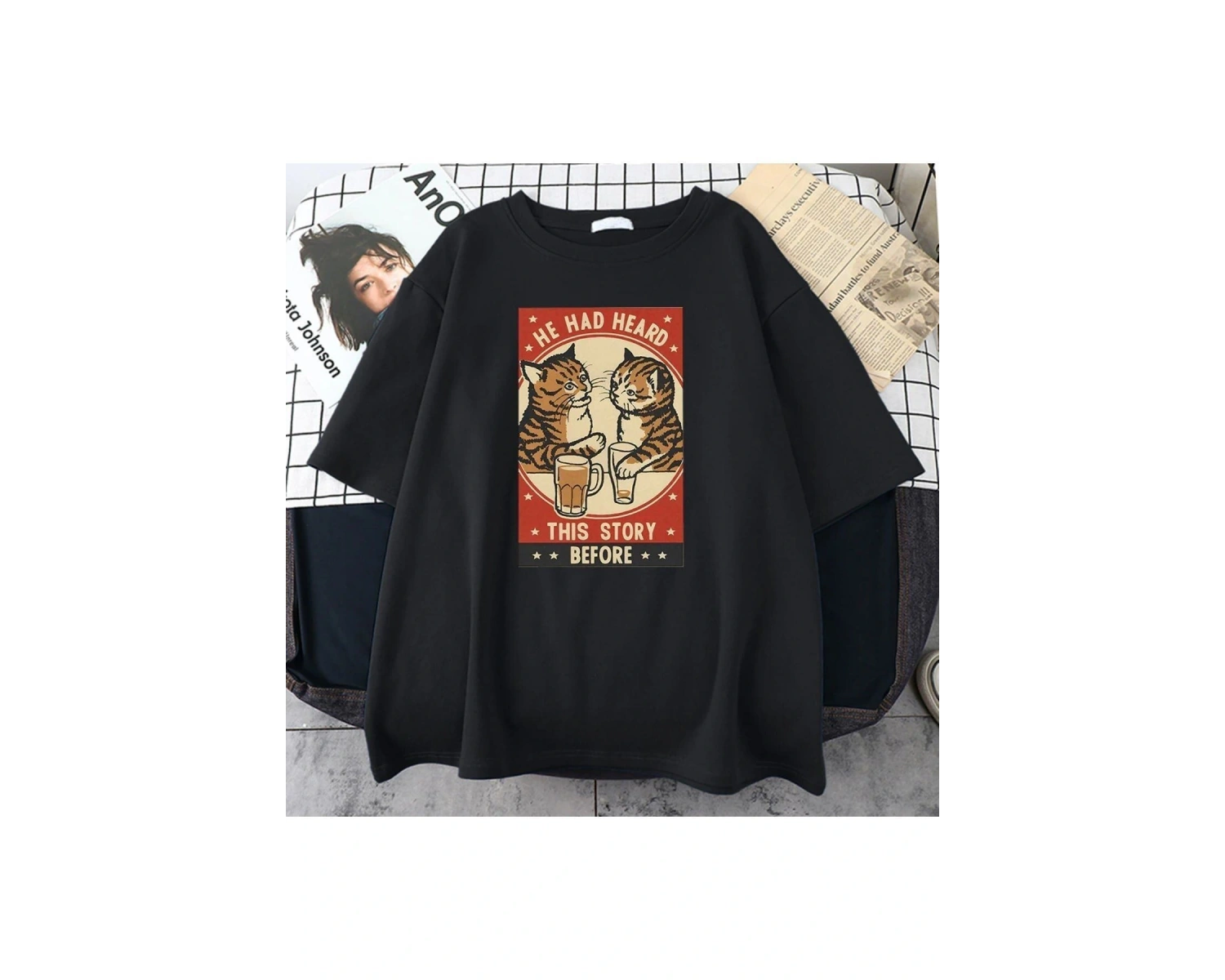 Erkek Siyah He Had Heard Baskılı Oversize Bisiklet Yaka Tshirt