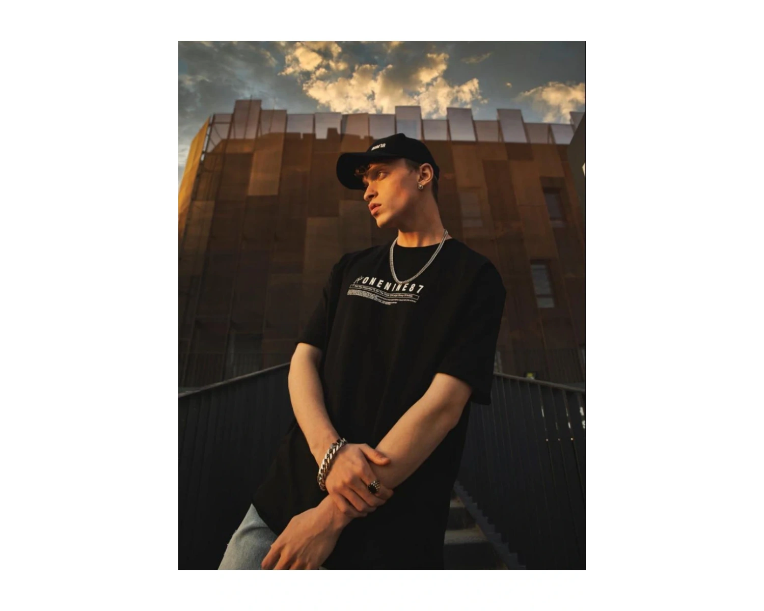 Erkek Siyah Interpol Baskılı Oversize Pamuklu Bisiklet Yaka T-shirt