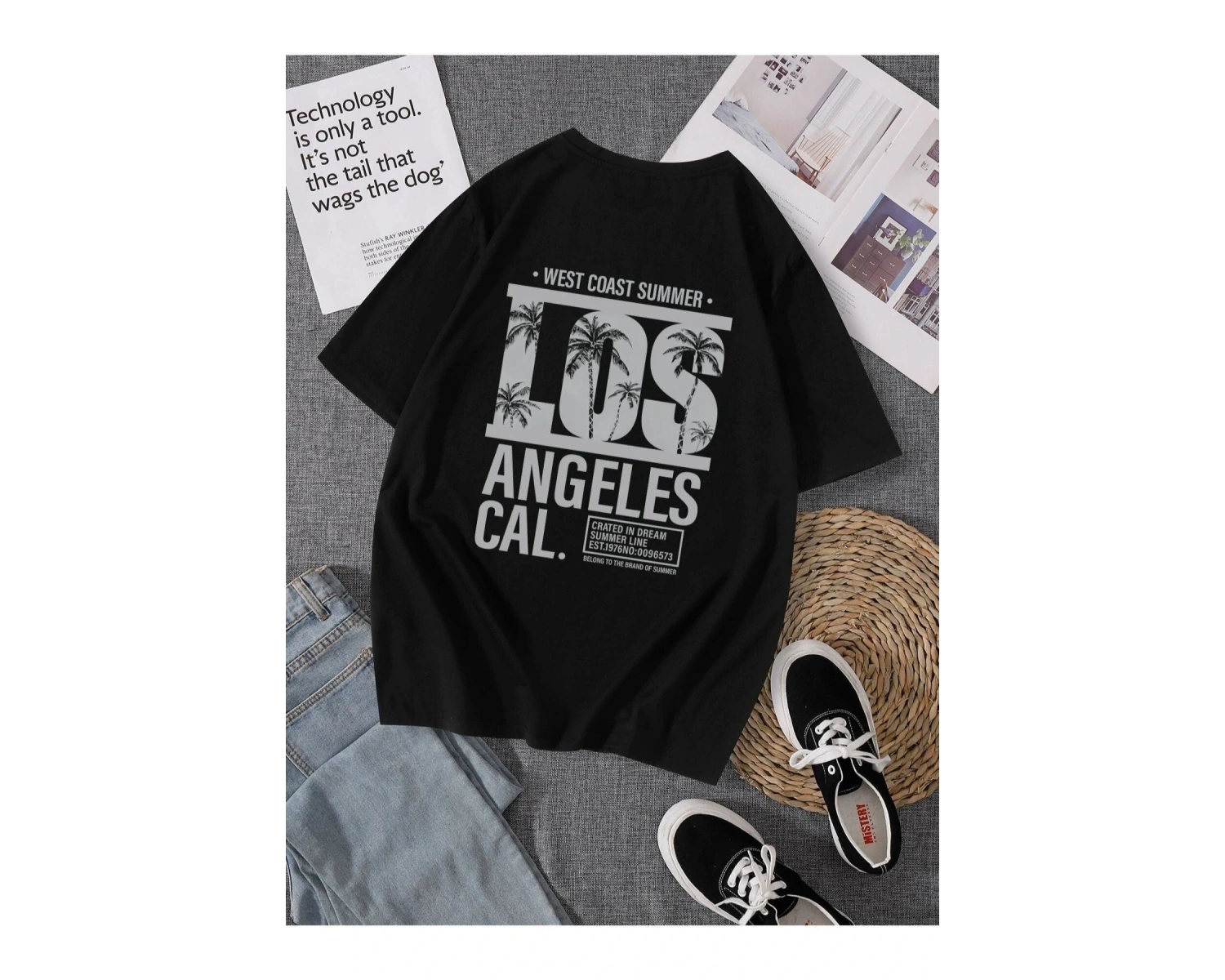 Erkek Siyah Los Angeles Baskılı Bisiklet Yaka Tişört