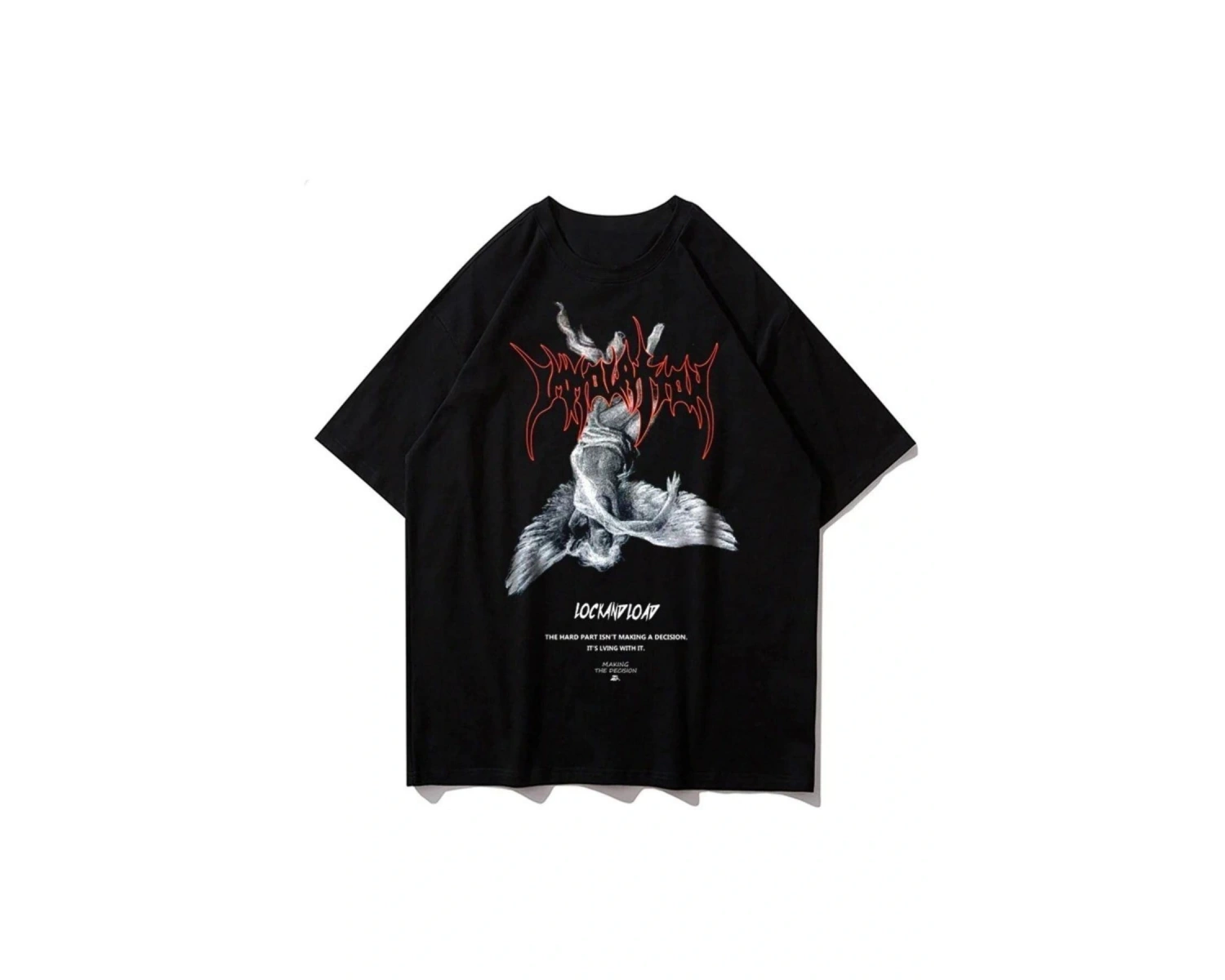 Erkek Siyah Melek Baskılı Oversize Bisiklet Yaka Tshirt