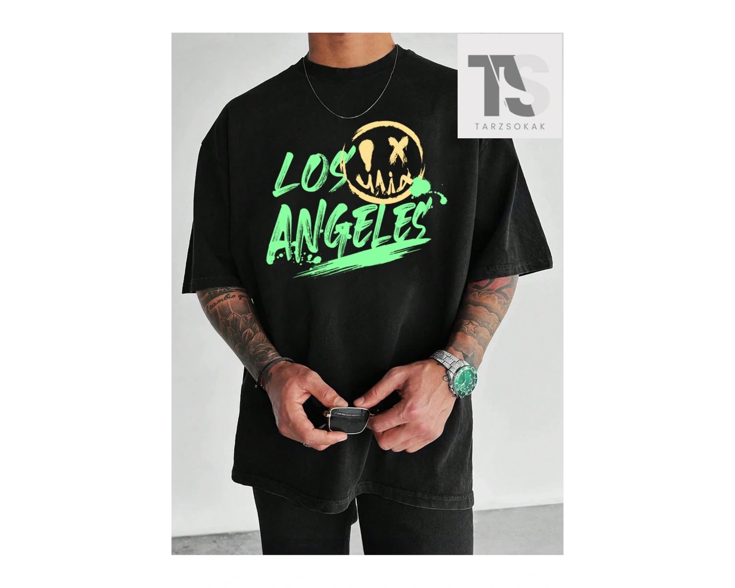 Erkek Siyah Örme Oversize Graffiti Baskılı Yuvarlak Yaka Tişört