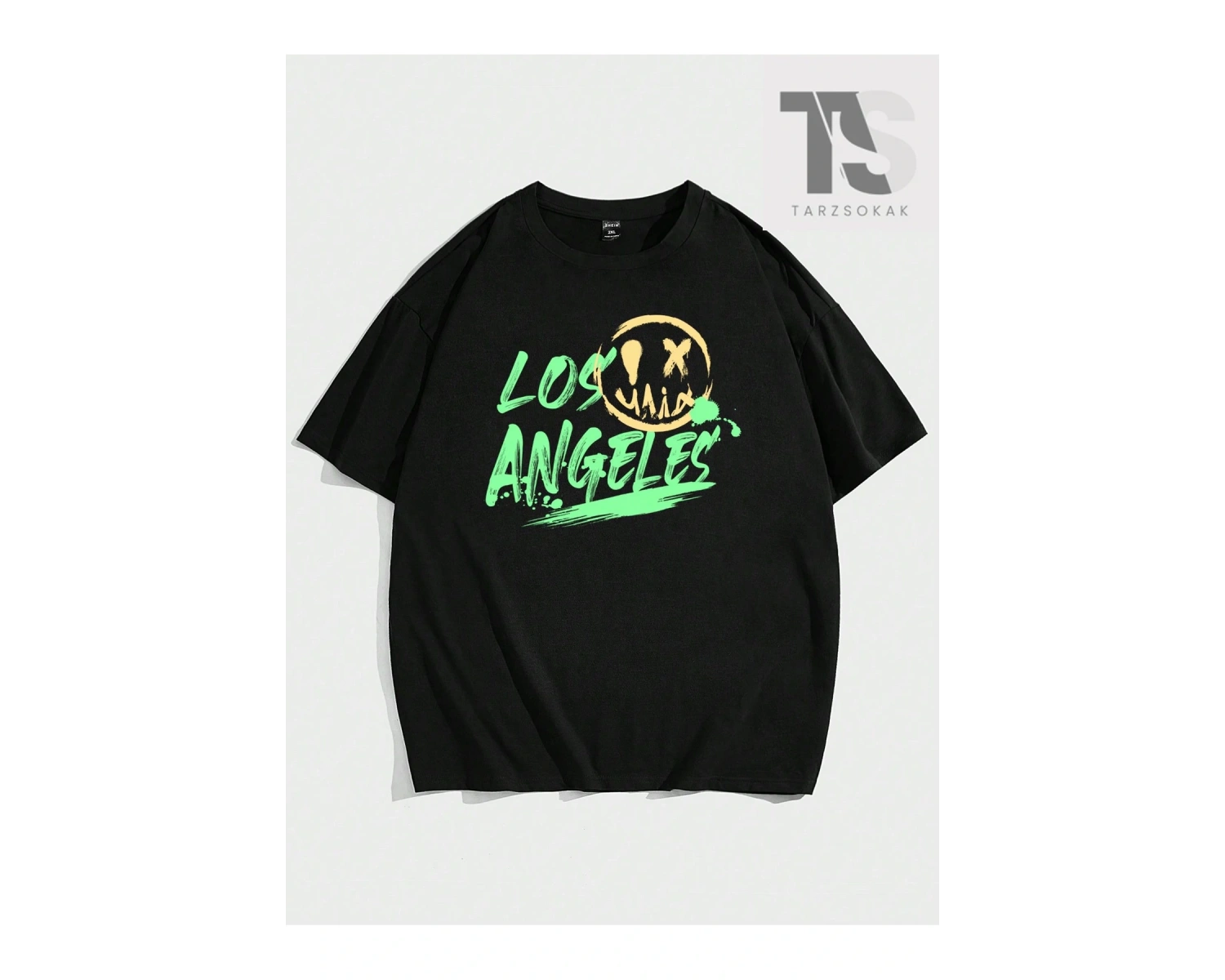 Erkek Siyah Örme Oversize Graffiti Baskılı Yuvarlak Yaka Tişört