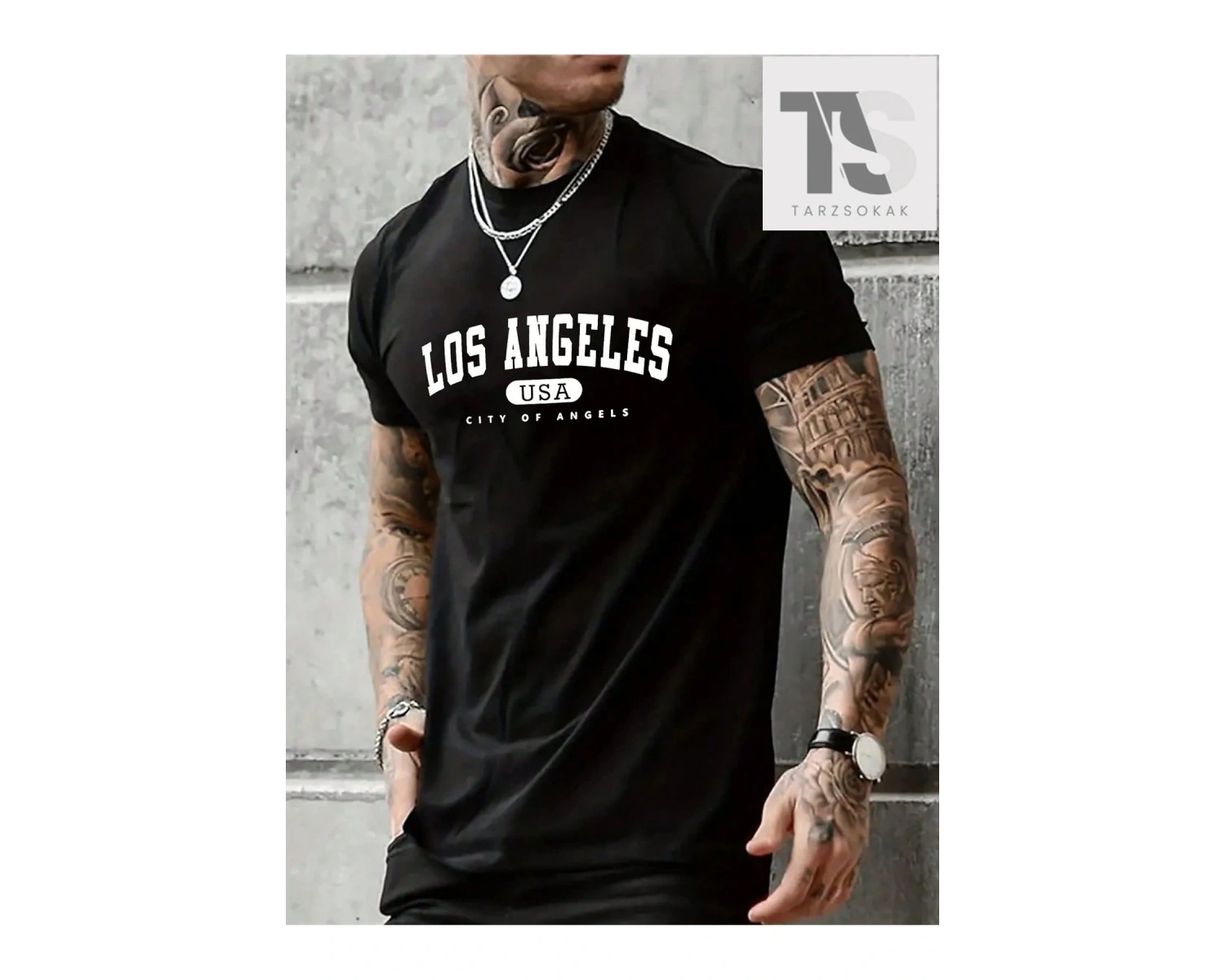 Erkek Siyah Örme Yuvarlak Yaka Düşük Omuz Kısa Kollu Tişört