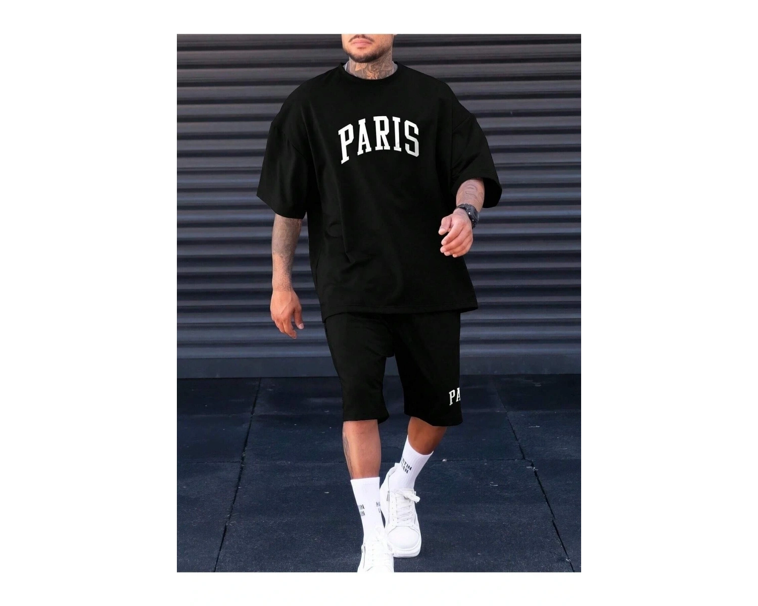 Erkek Siyah Paris Baskılı Oversize Şortlu Takım TS-PARISTKM