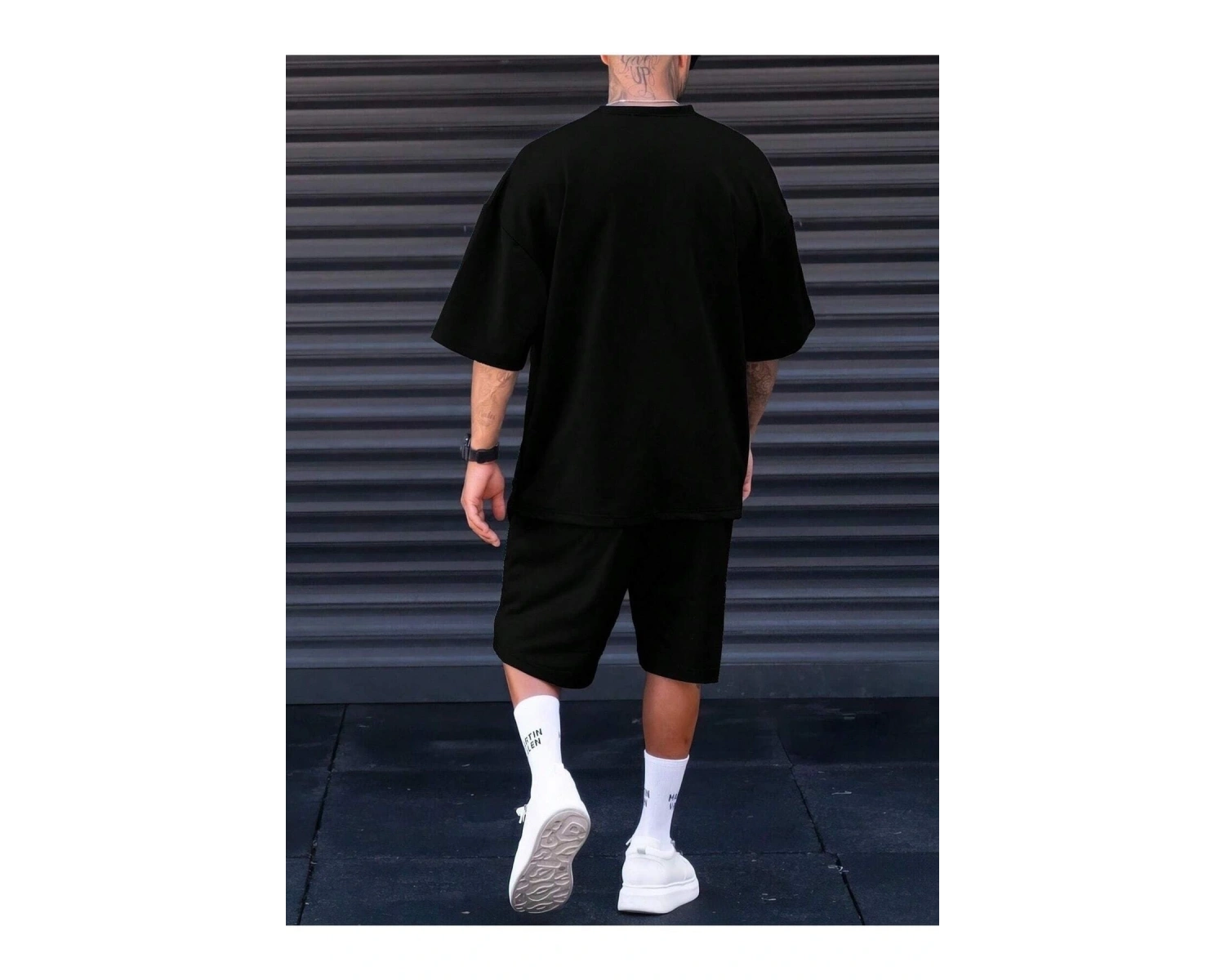 Erkek Siyah Paris Baskılı Oversize Şortlu Takım TS-PARISTKM