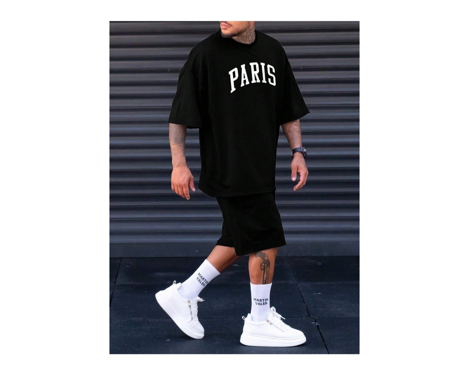 Erkek Siyah Paris Baskılı Oversize Şortlu Takım TS-PARISTKM