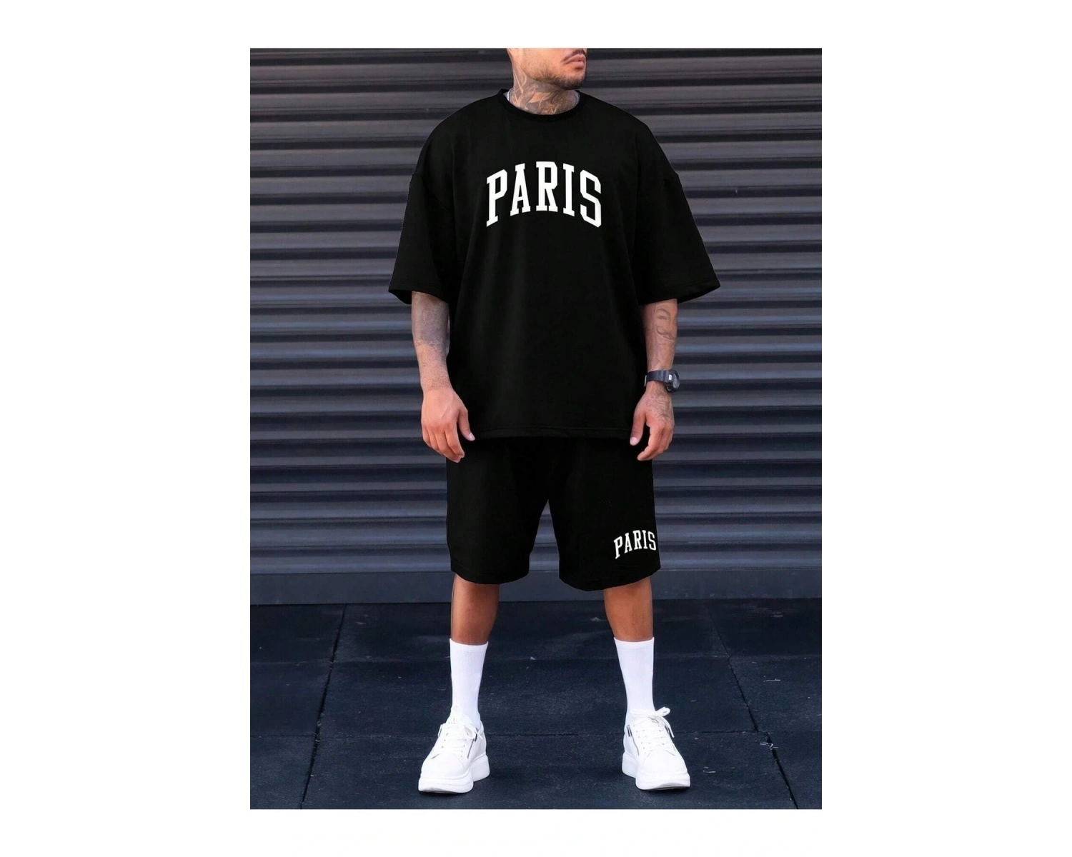 Erkek Siyah Paris Baskılı Oversize Şortlu Takım TS-PARISTKM