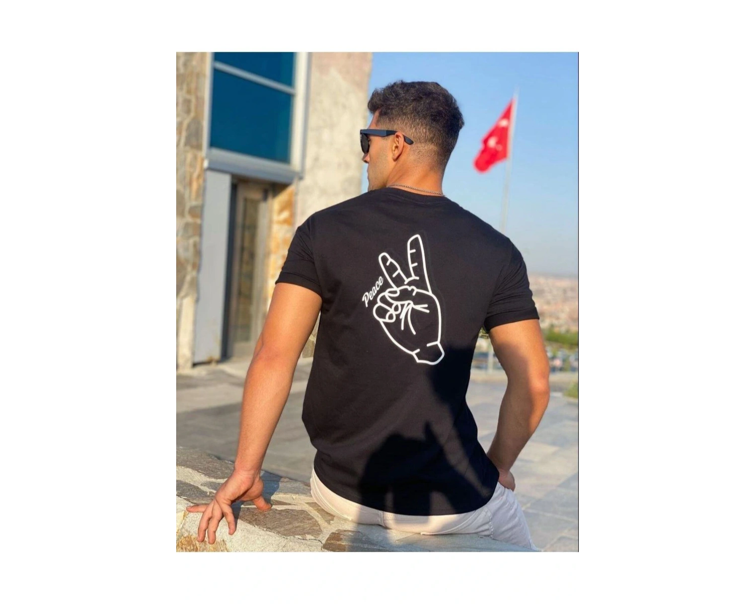 Erkek Siyah Peace Sırt Baskılı Oversize Bisiklet Yaka T-shirt