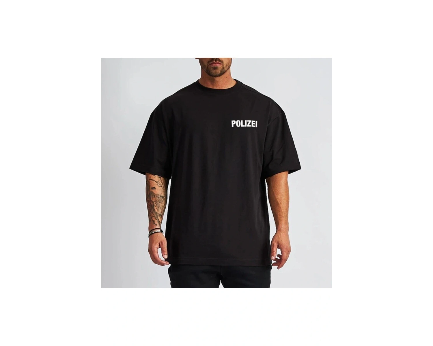 Erkek Siyah Polizai Baskılı Oversize Bisiklet Yaka Tişört