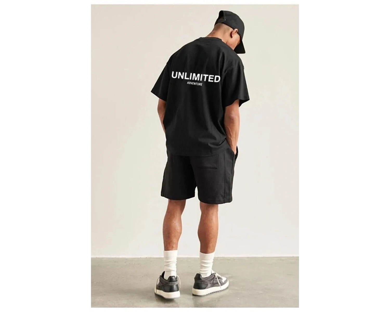 Erkek Siyah Unlımıted Baskılı Oversize Bisiklet Yaka Tshirt