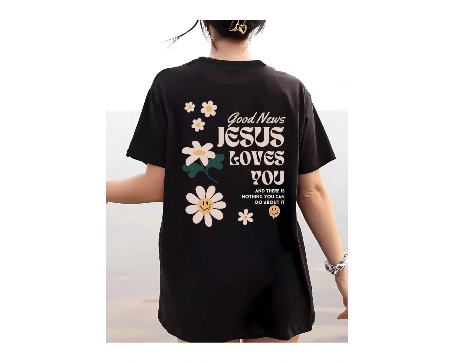 Essnce Çiçek ve Slogan Baskılı Günlük Tişört