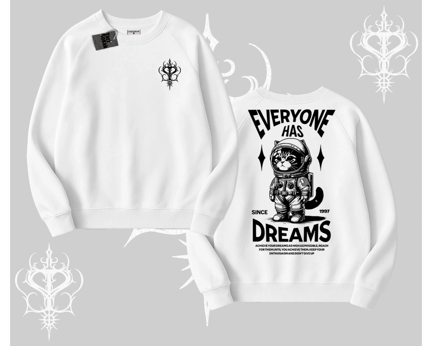 Everyone Has Dreams Yazılı Astronot Kedi Arka Baskılı Biskilet Sweatshirt