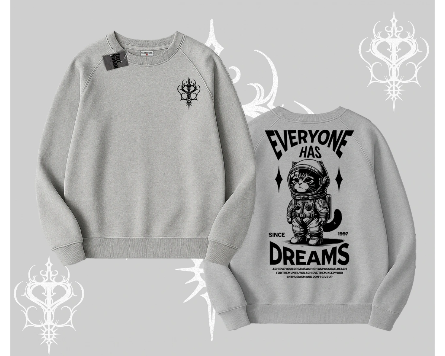 Everyone Has Dreams Yazılı Astronot Kedi Arka Baskılı Biskilet Sweatshirt