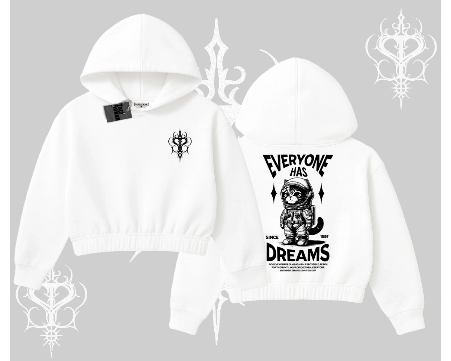 Everyone Has Dreams Yazılı Astronot Kedi Arka Baskılı Kapşonlu Crop Sweatshirt