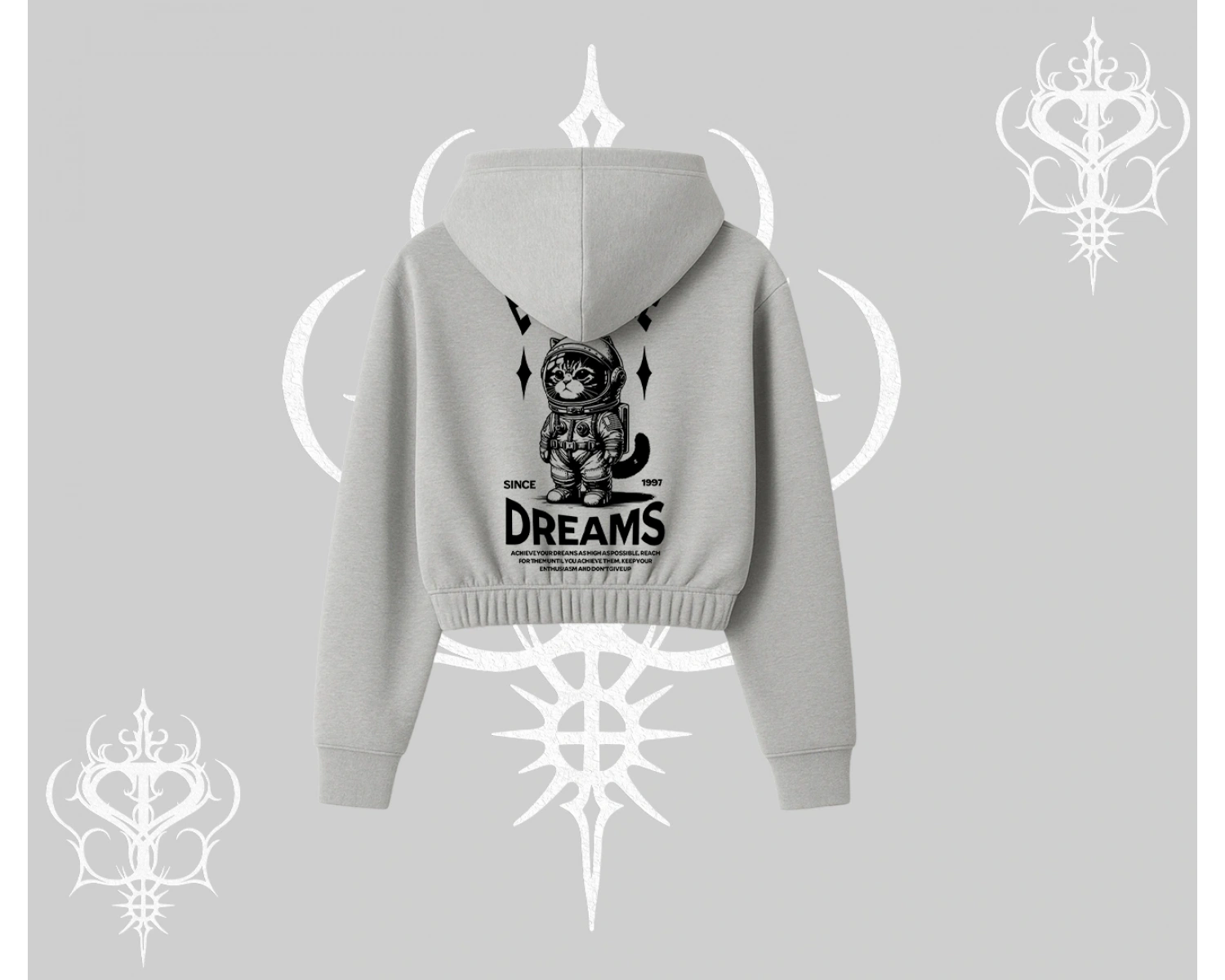 Everyone Has Dreams Yazılı Astronot Kedi Arka Baskılı Kapşonlu Crop Sweatshirt