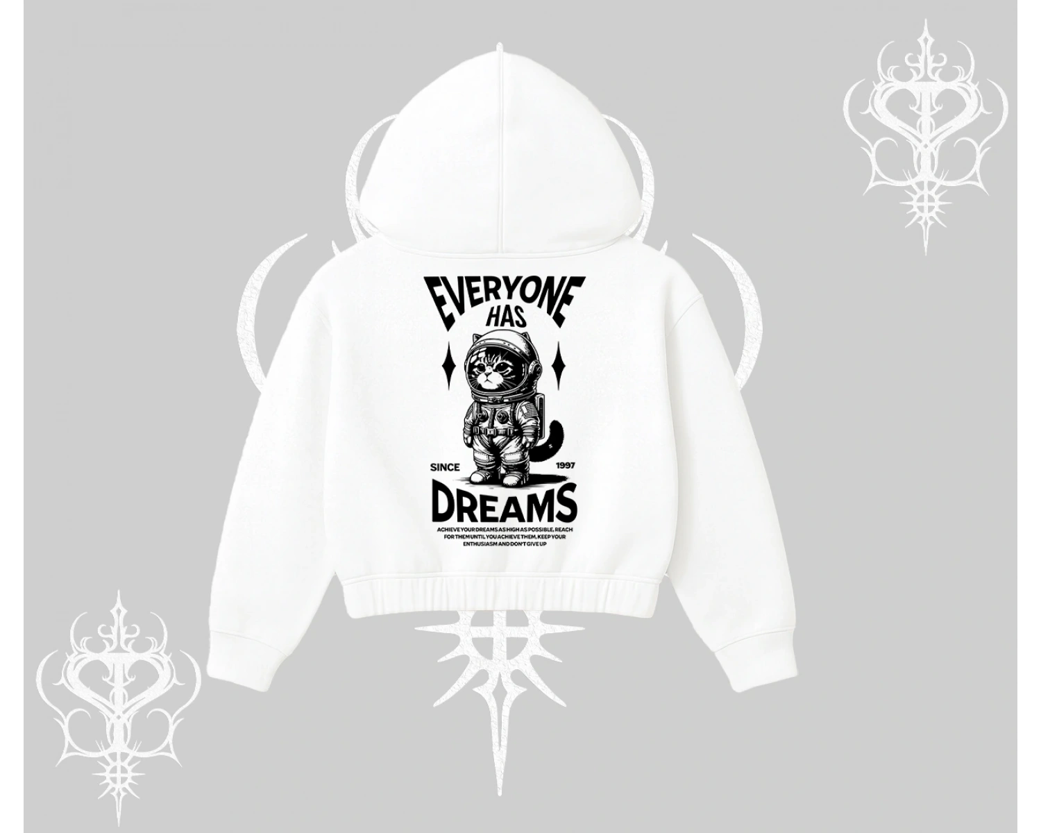 Everyone Has Dreams Yazılı Astronot Kedi Arka Baskılı Kapşonlu Crop Sweatshirt