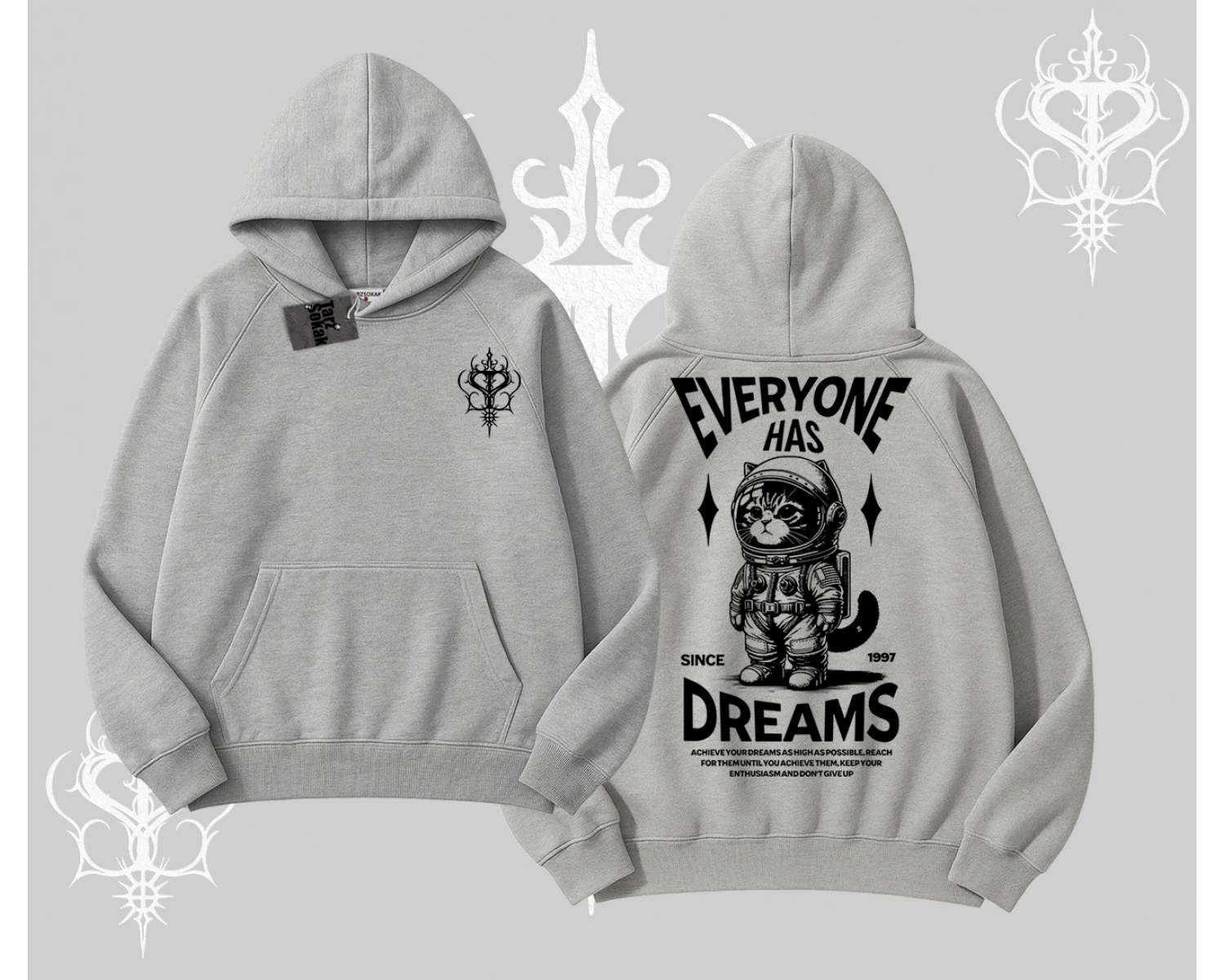 Everyone Has Dreams Yazılı Astronot Kedi Arka Baskılı Kapşonlu Sweatshirt