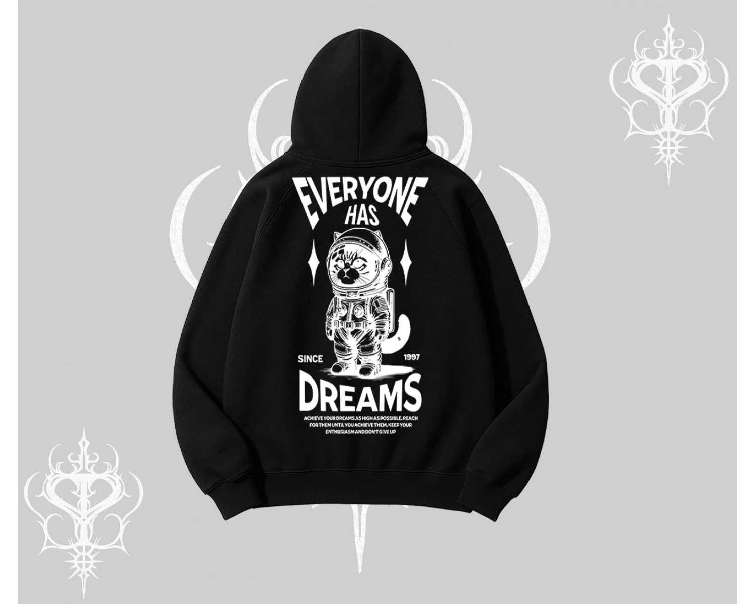 Everyone Has Dreams Yazılı Astronot Kedi Arka Baskılı Kapşonlu Sweatshirt
