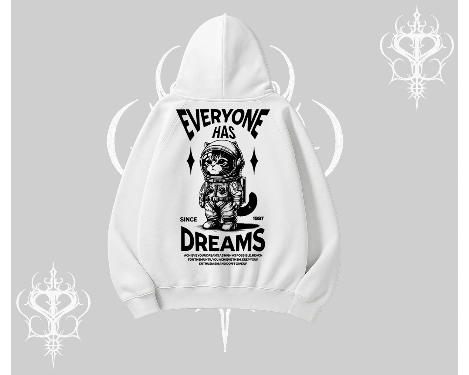 Everyone Has Dreams Yazılı Astronot Kedi Arka Baskılı Kapşonlu Sweatshirt