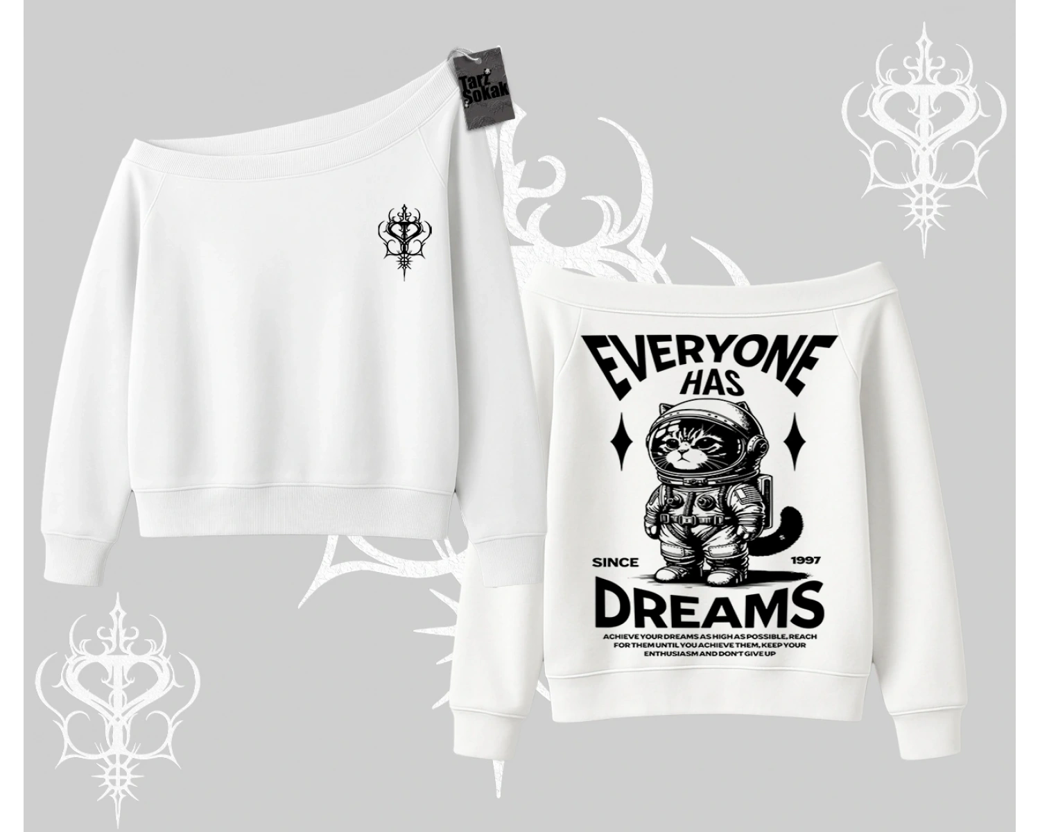 Everyone Has Dreams Yazılı Astronot Kedi Arka Baskılı Kayık Yaka Sweatshirt
