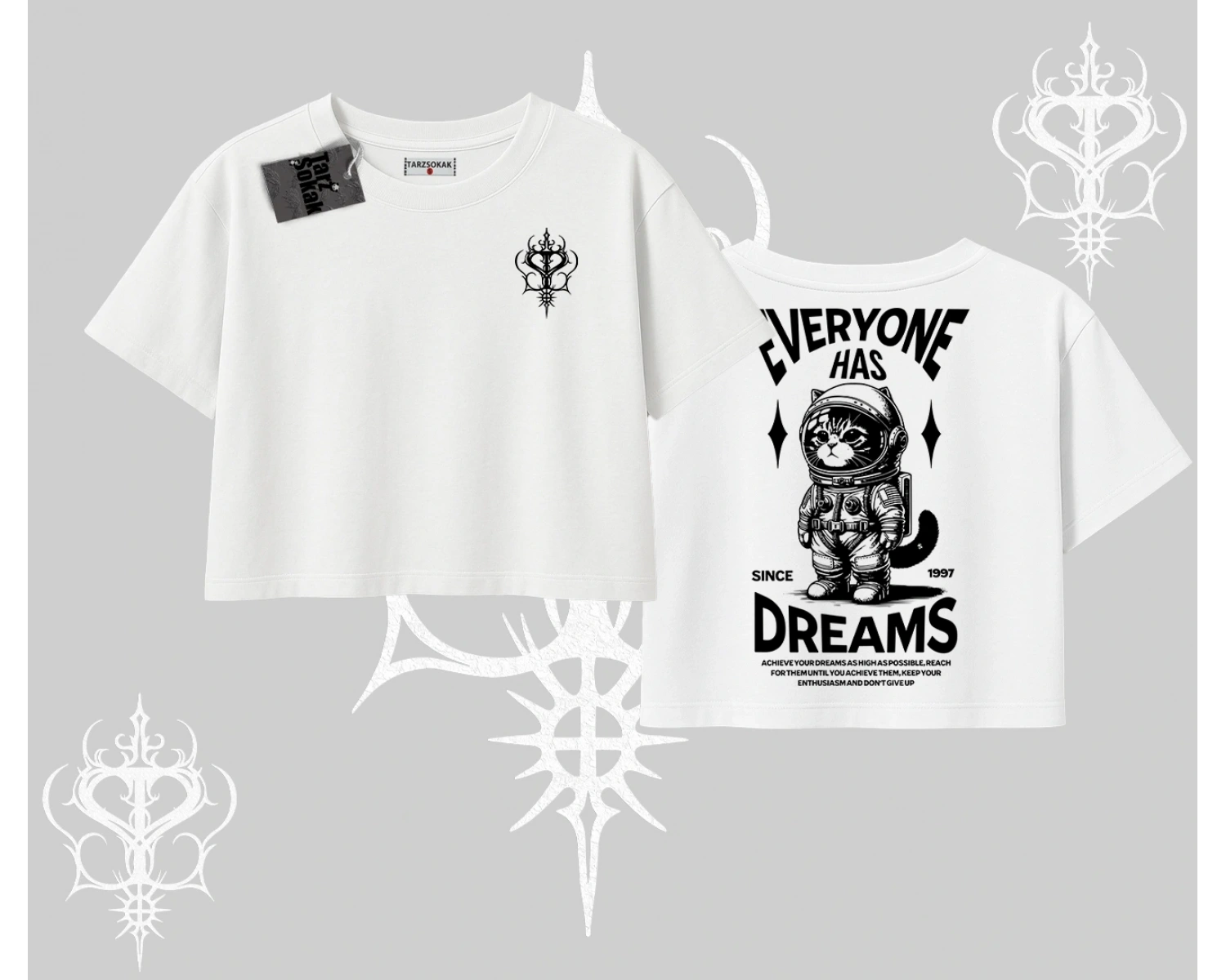 Everyone Has Dreams Yazılı Astronot Kedi Arka Baskılı Oversize Crop Tshirt