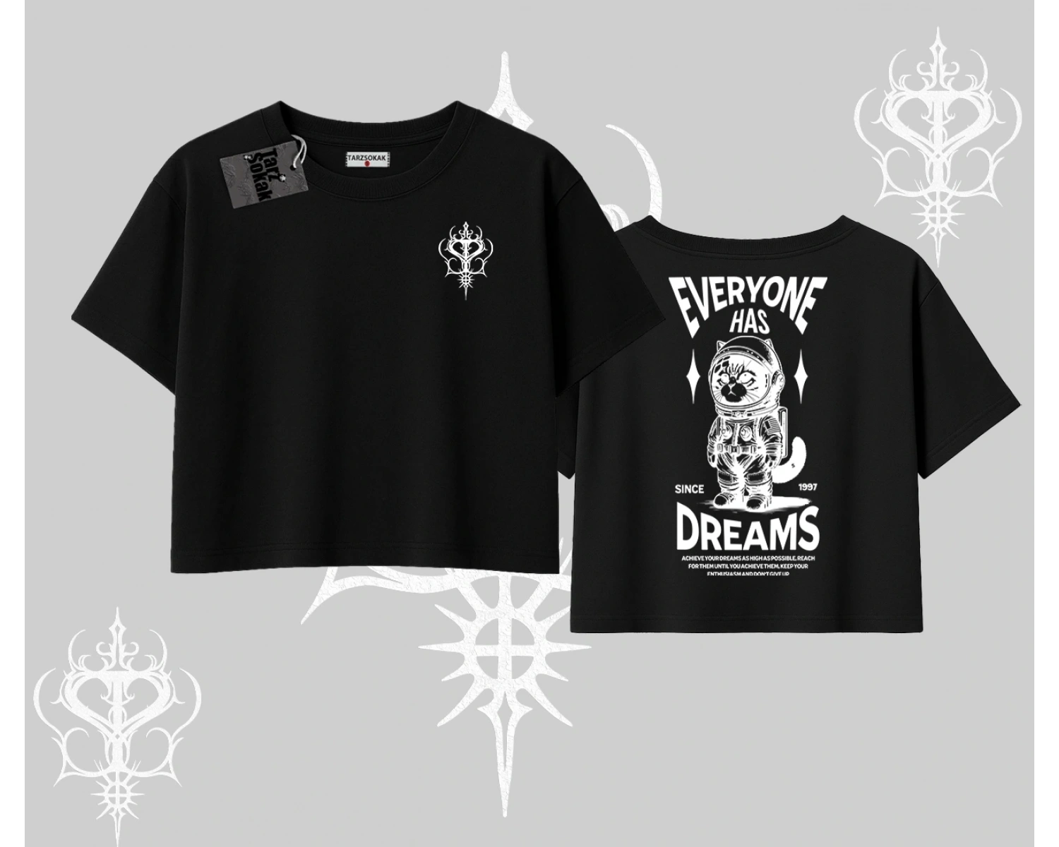 Everyone Has Dreams Yazılı Astronot Kedi Arka Baskılı Oversize Crop Tshirt