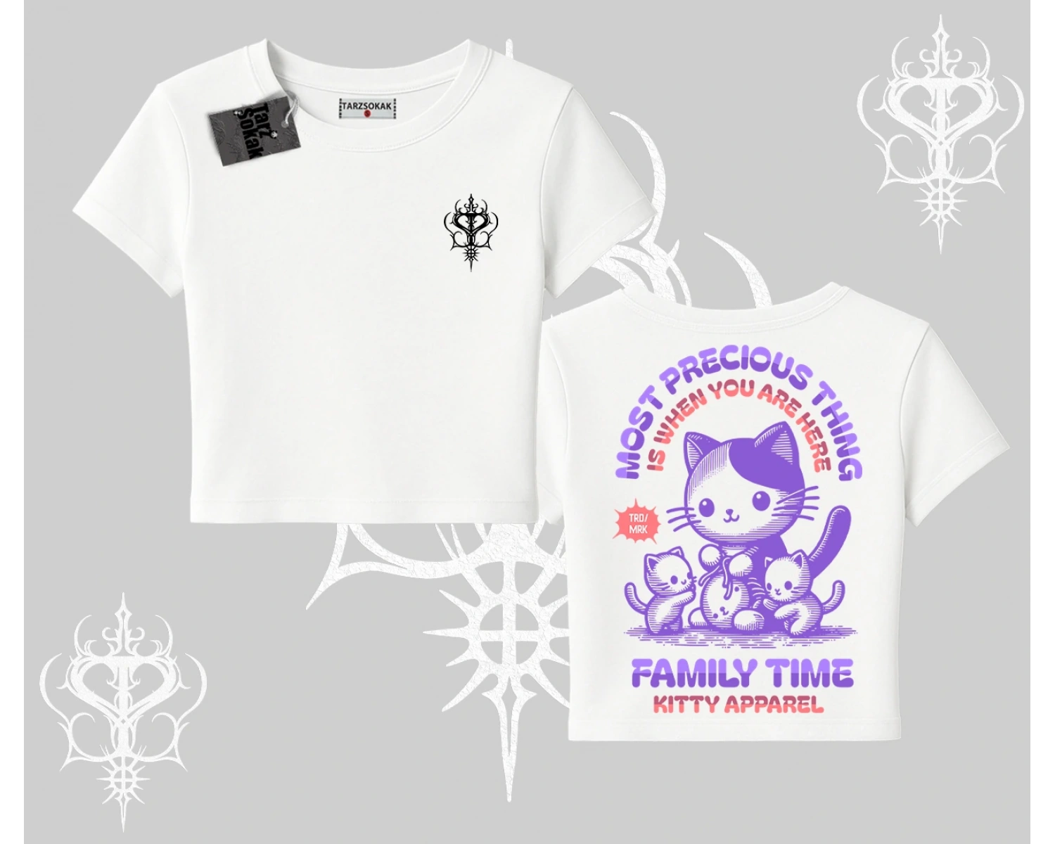 Family Time Yazılı Sevimli Anne Kedi Arka Baskılı Babby Tee Tshirt