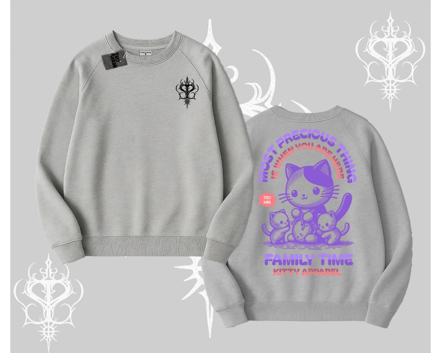 Family Time Yazılı Sevimli Anne Kedi Arka Baskılı Biskilet Sweatshirt