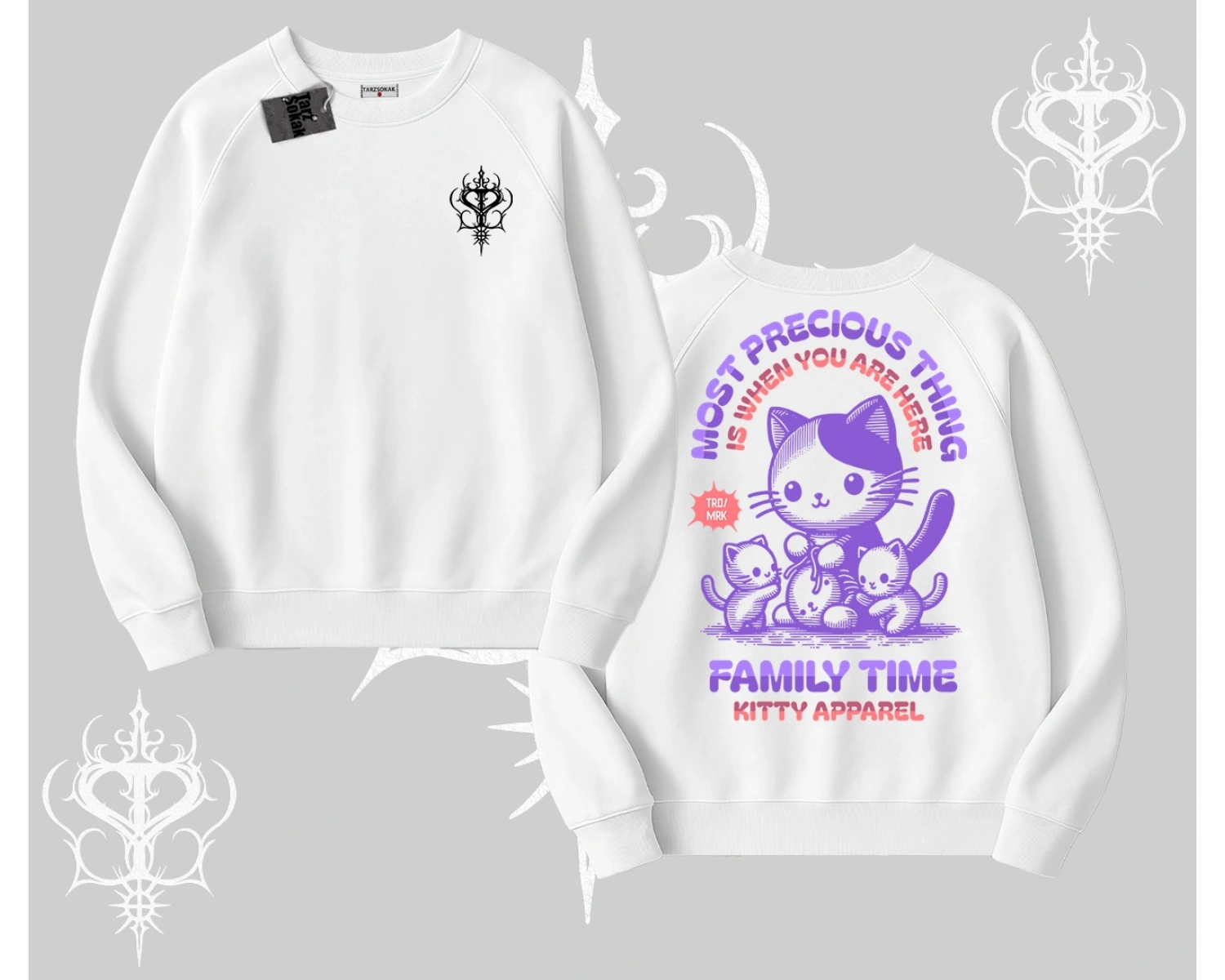 Family Time Yazılı Sevimli Anne Kedi Arka Baskılı Biskilet Sweatshirt