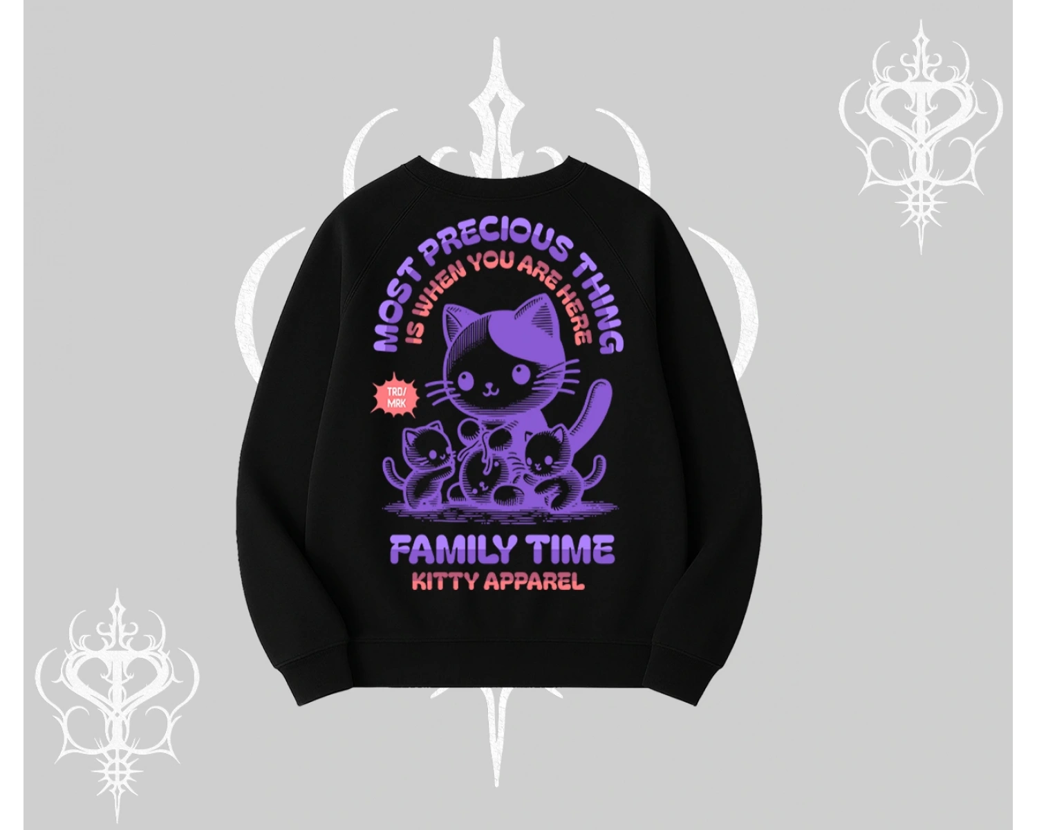 Family Time Yazılı Sevimli Anne Kedi Arka Baskılı Biskilet Sweatshirt