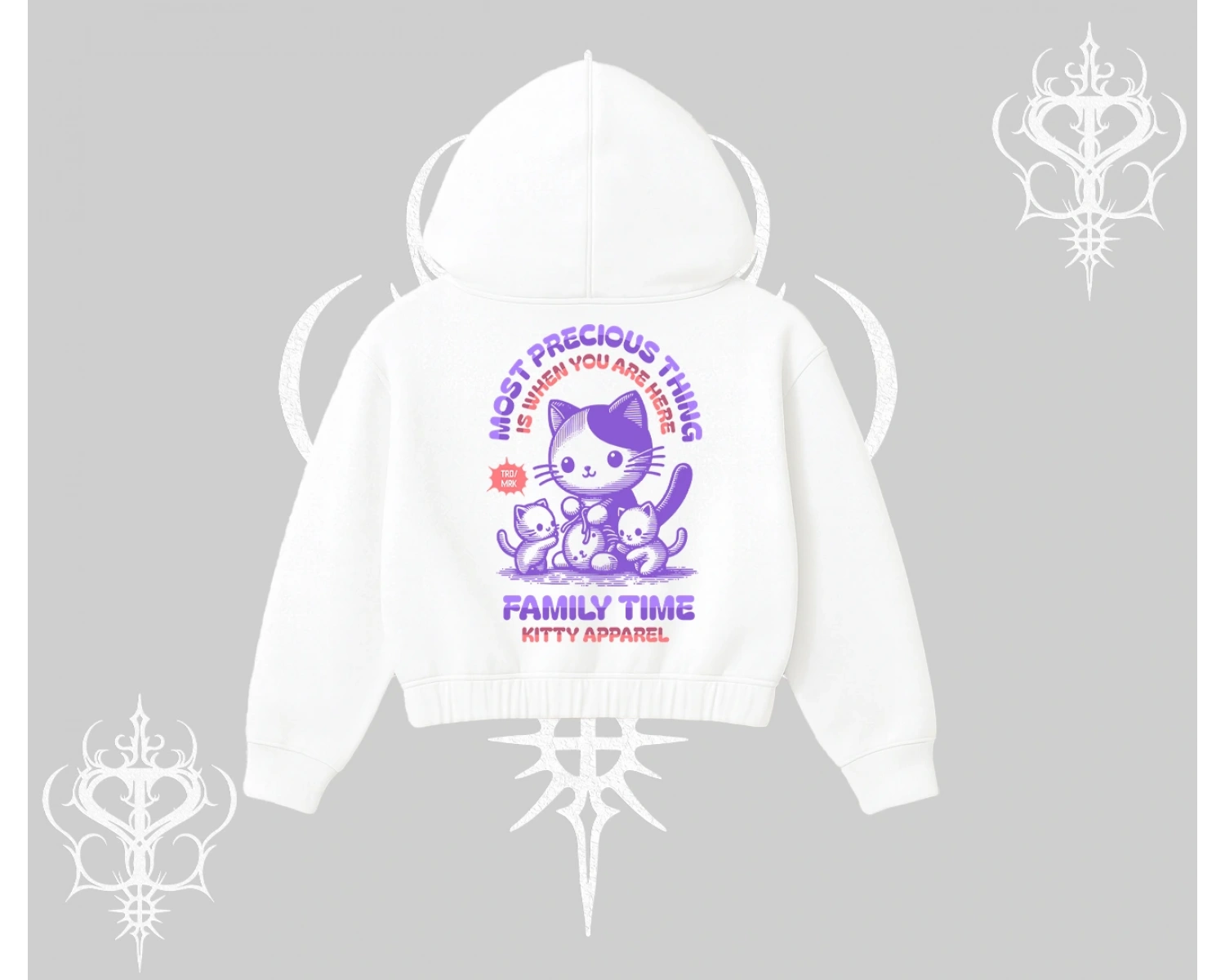 Family Time Yazılı Sevimli Anne Kedi Arka Baskılı Kapşonlu Crop Sweatshirt