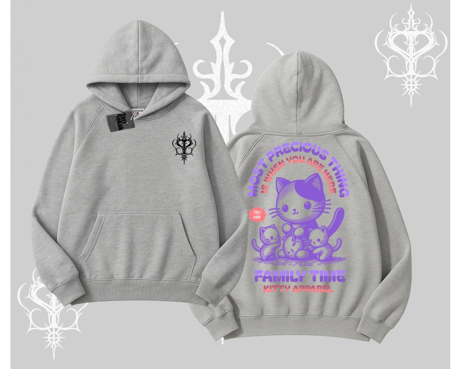 Family Time Yazılı Sevimli Anne Kedi Arka Baskılı Kapşonlu Sweatshirt